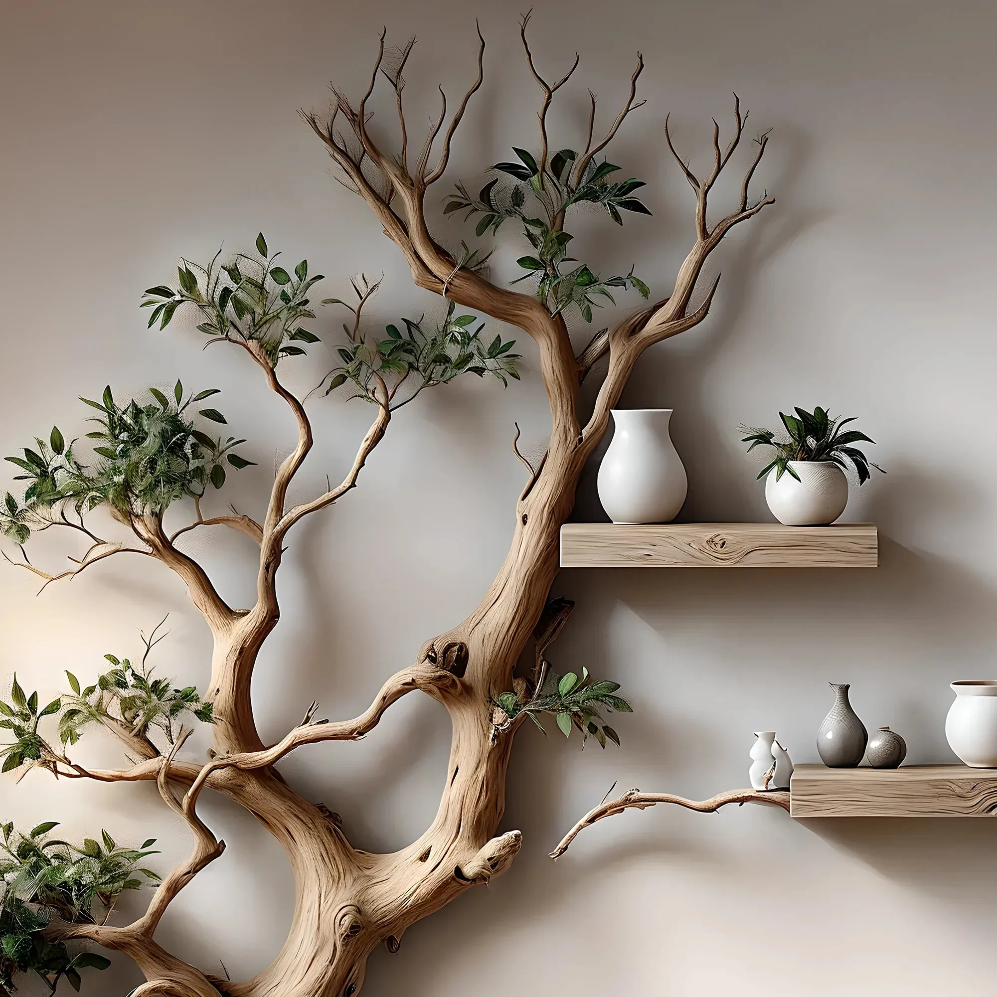 Rustic Wooden Display Shelf – Tree Design Living Room Bookshelf