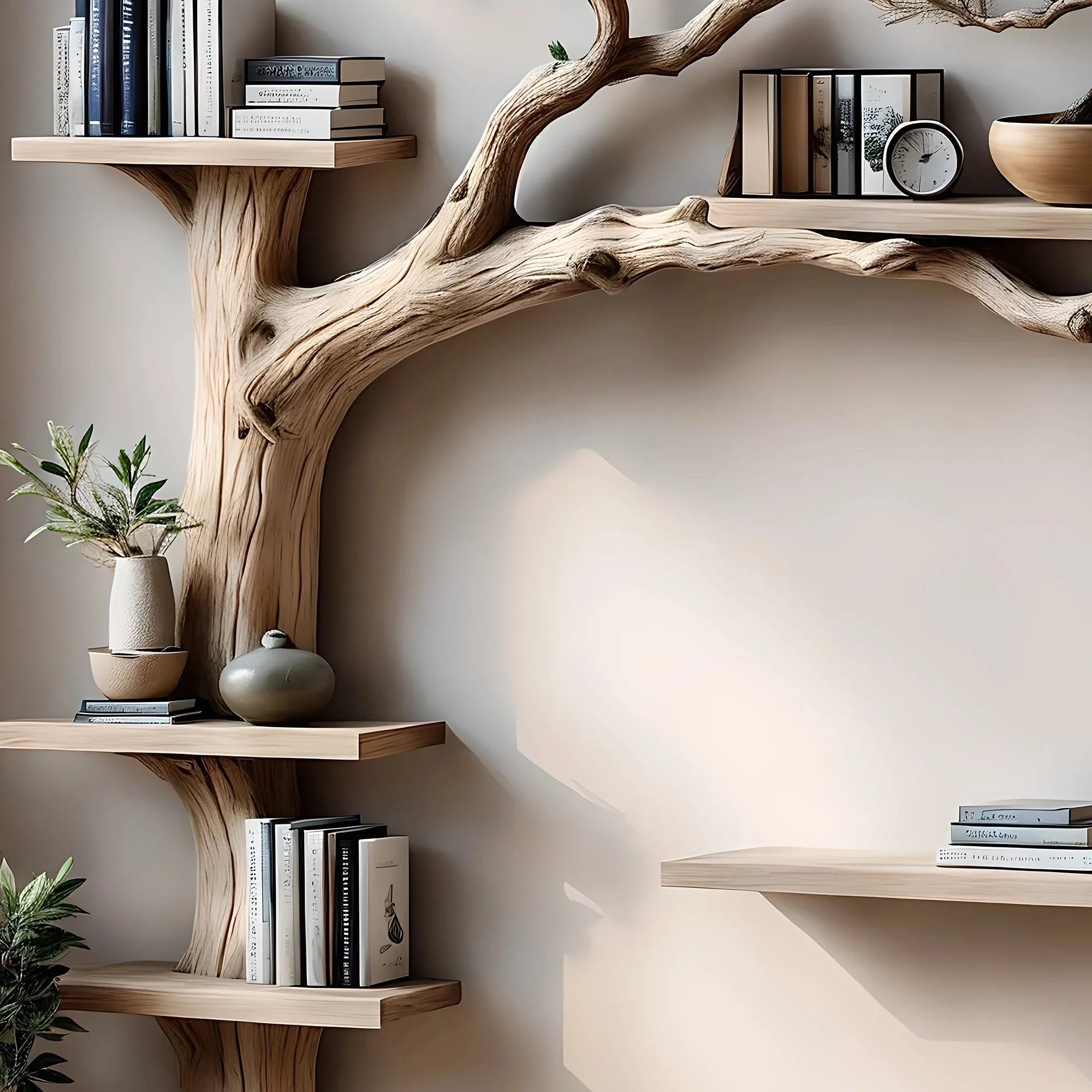 Tree Branch Wooden Bookshelf – Rustic Floating Wall Bookcase