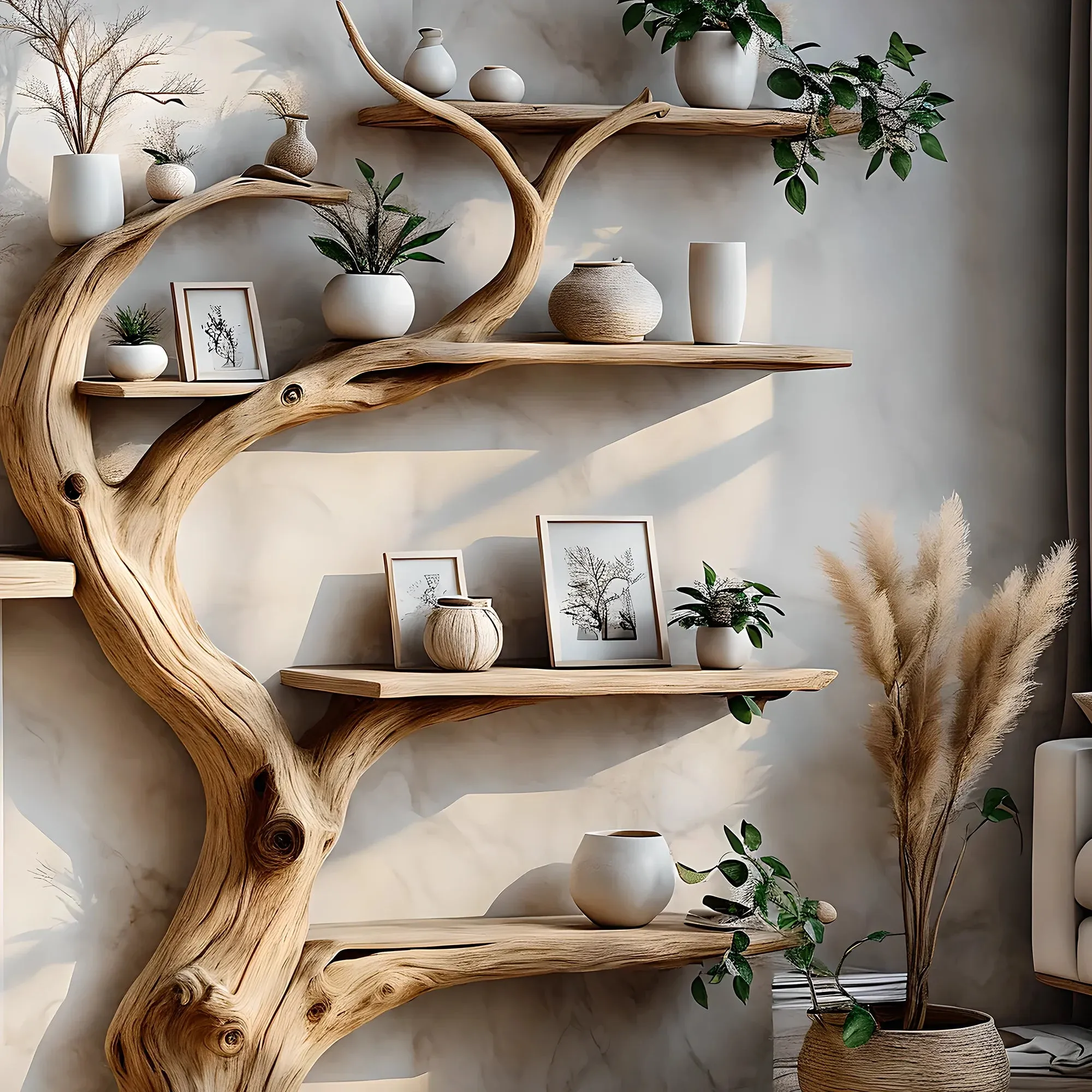 Driftwood Tree Branch Bookshelf – Rustic Wooden Wall Decor