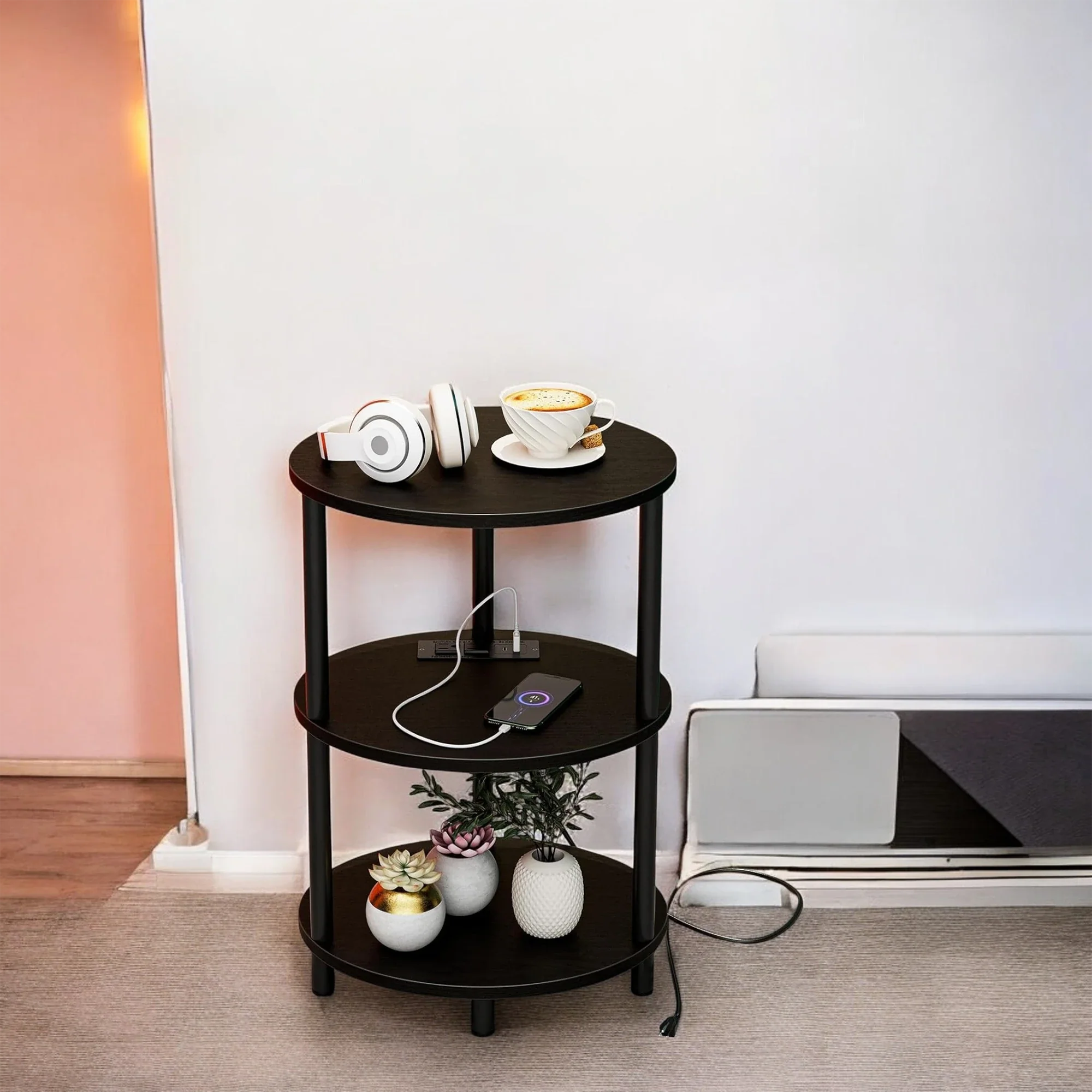 3-Tier Round End Table with Charging Ports Black Modern Design