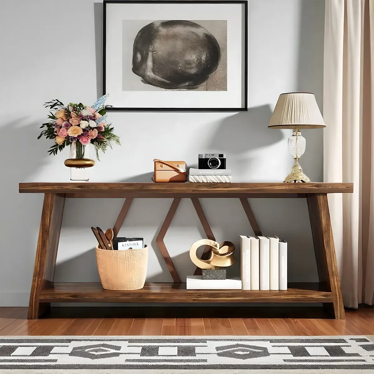 Natural Wood Console Table with Decorative Zigzag Legs – Rustic Modern Style
