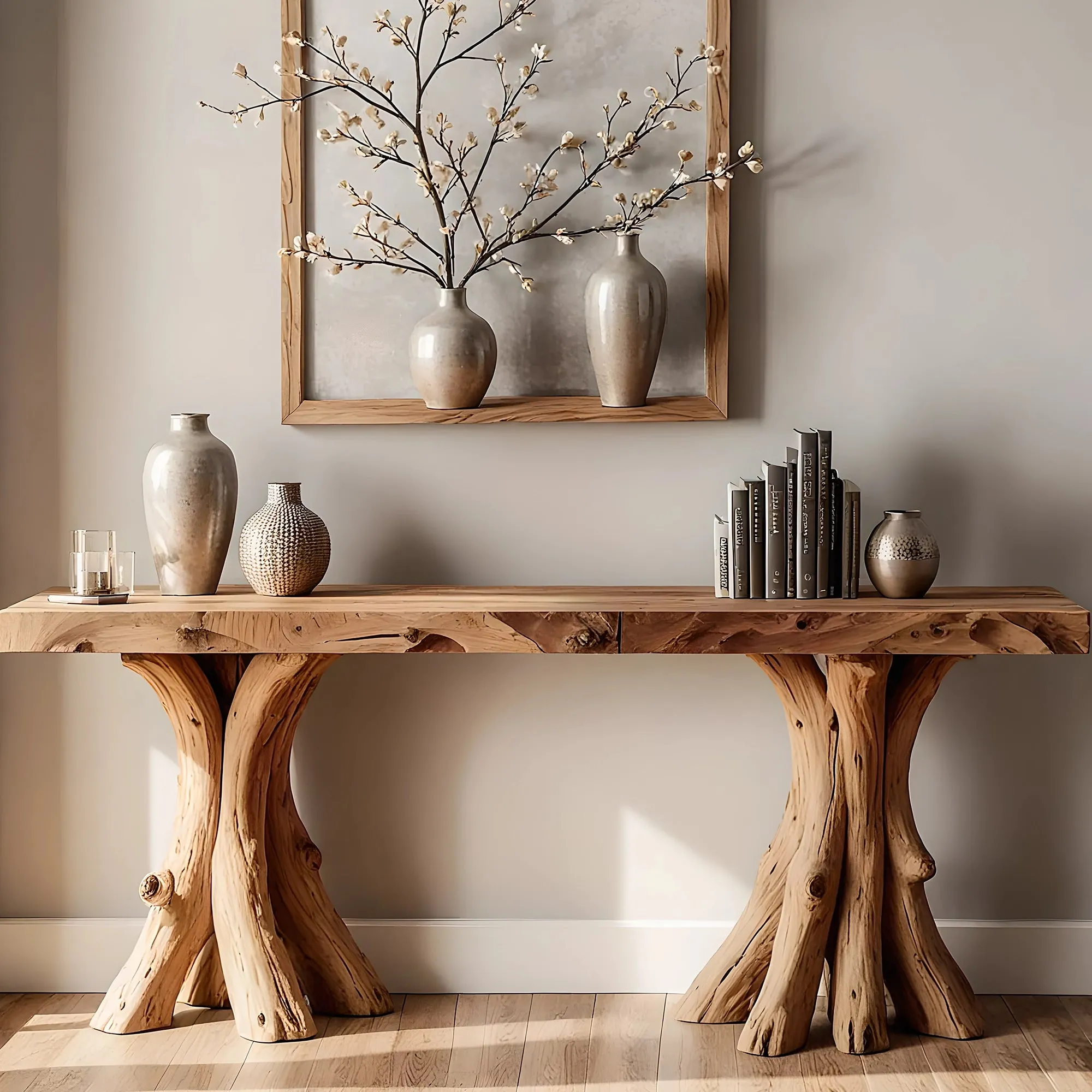 Handcrafted Wood Home Console – Modern Rustic Design for Living Room