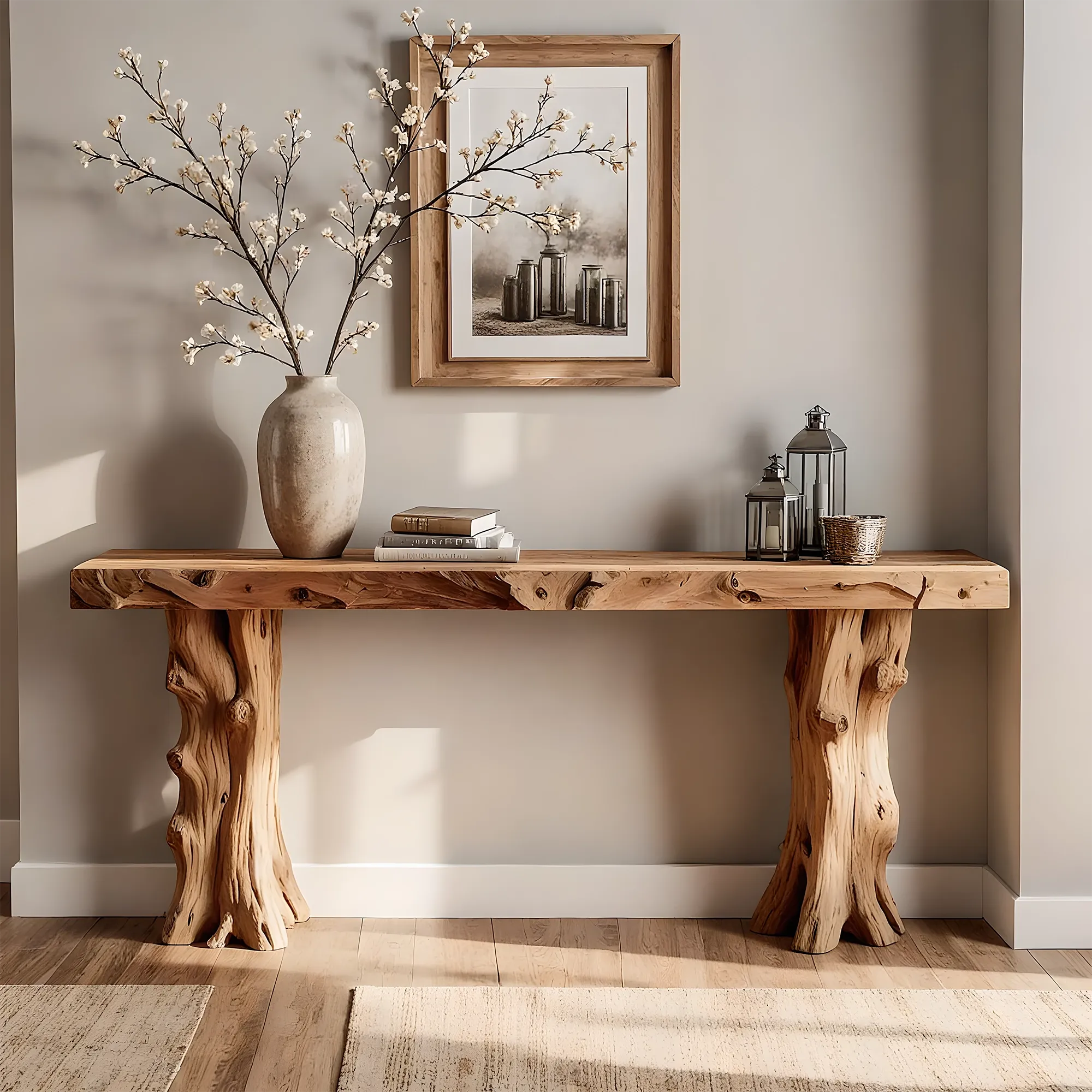 Rustic Home Console Furniture – Artisan Solid Wood with Natural Root Base