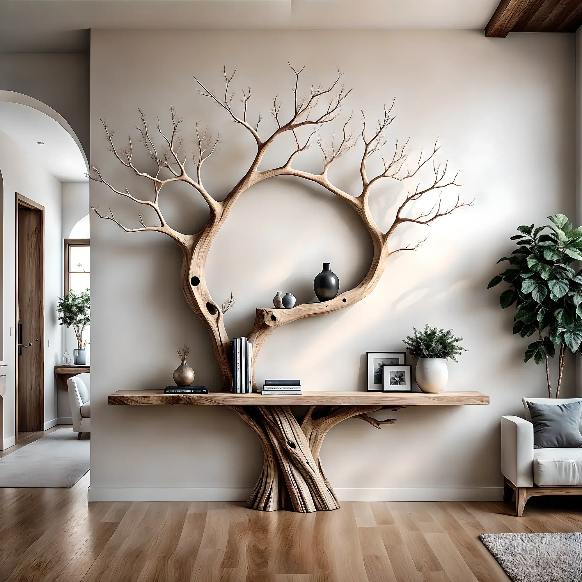 Tree-Shaped Console Table – Artistic Wooden Reading Desk for Modern Homes