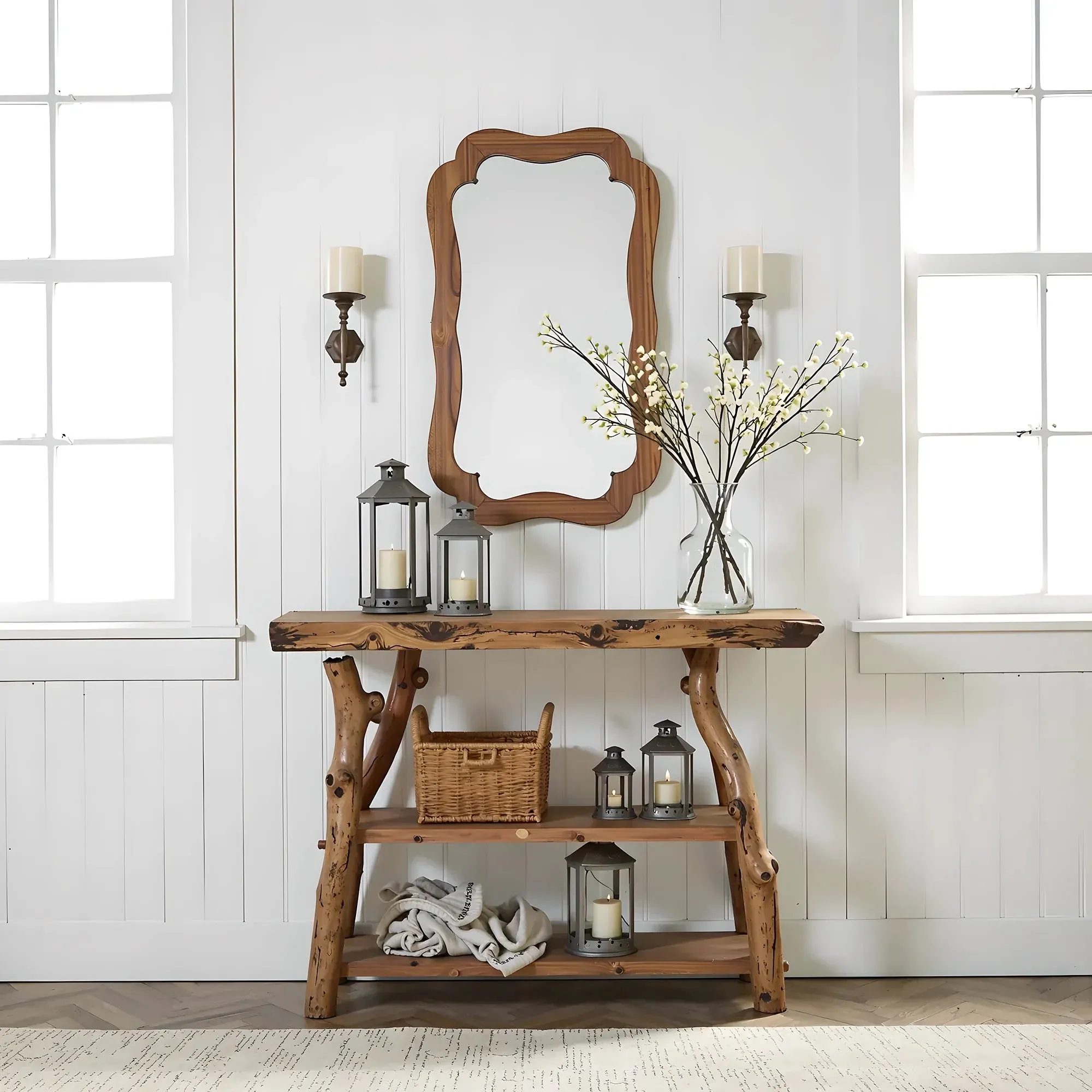 Handcrafted Rustic Wood Console Table with Shelves