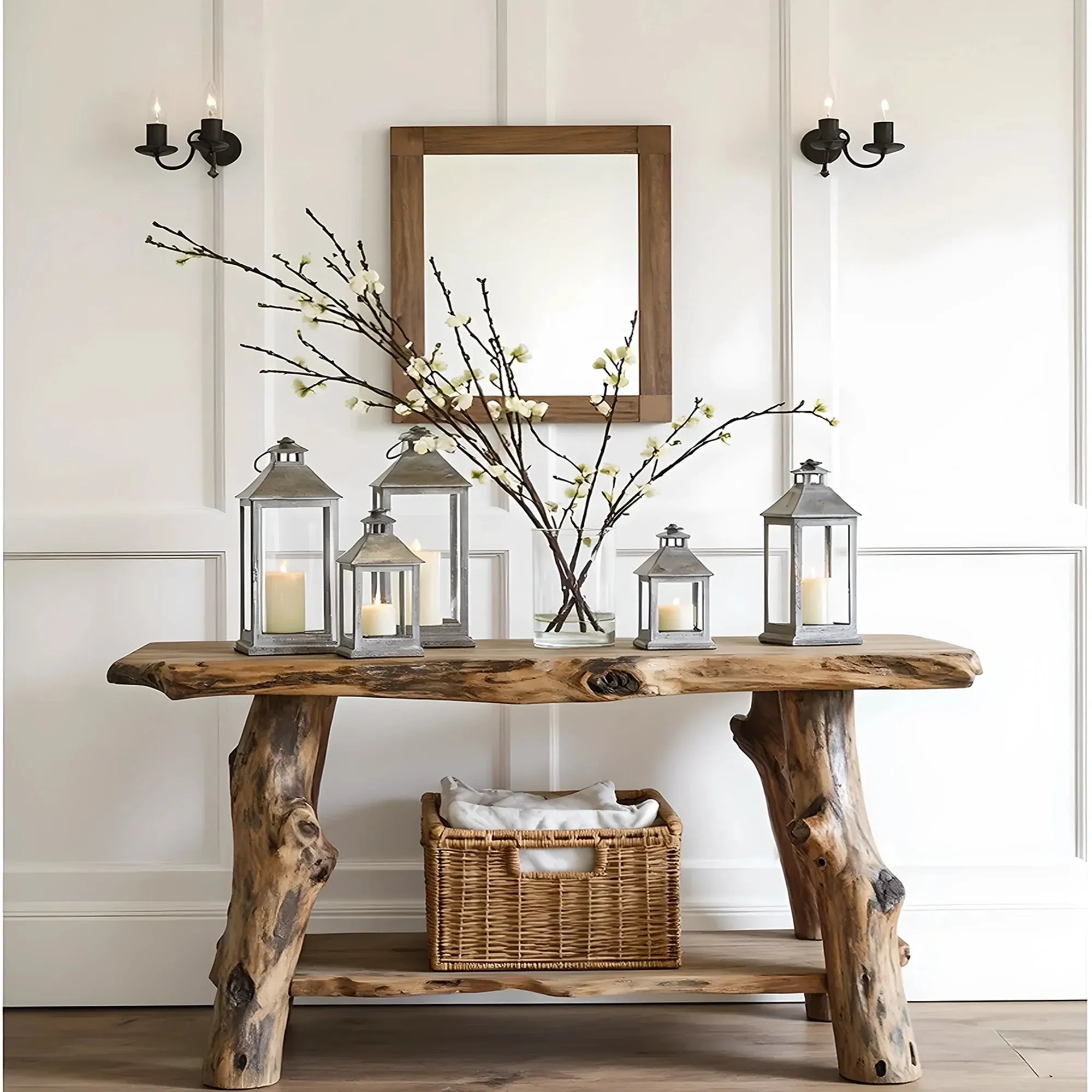 Farmhouse Rustic Natural Wood Entryway Console Table