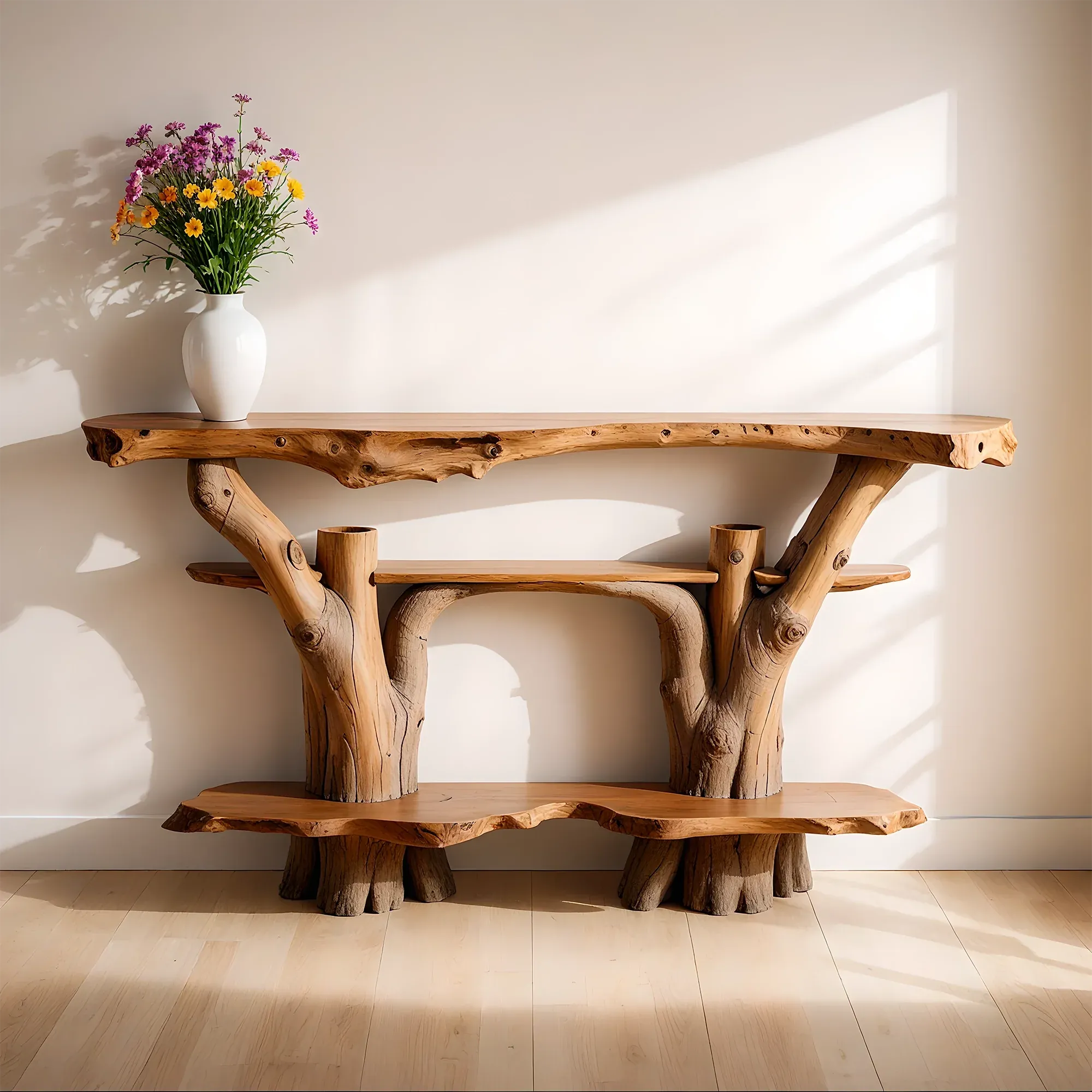 Handmade Rustic Solid Wood Console Table with 3 Tiers