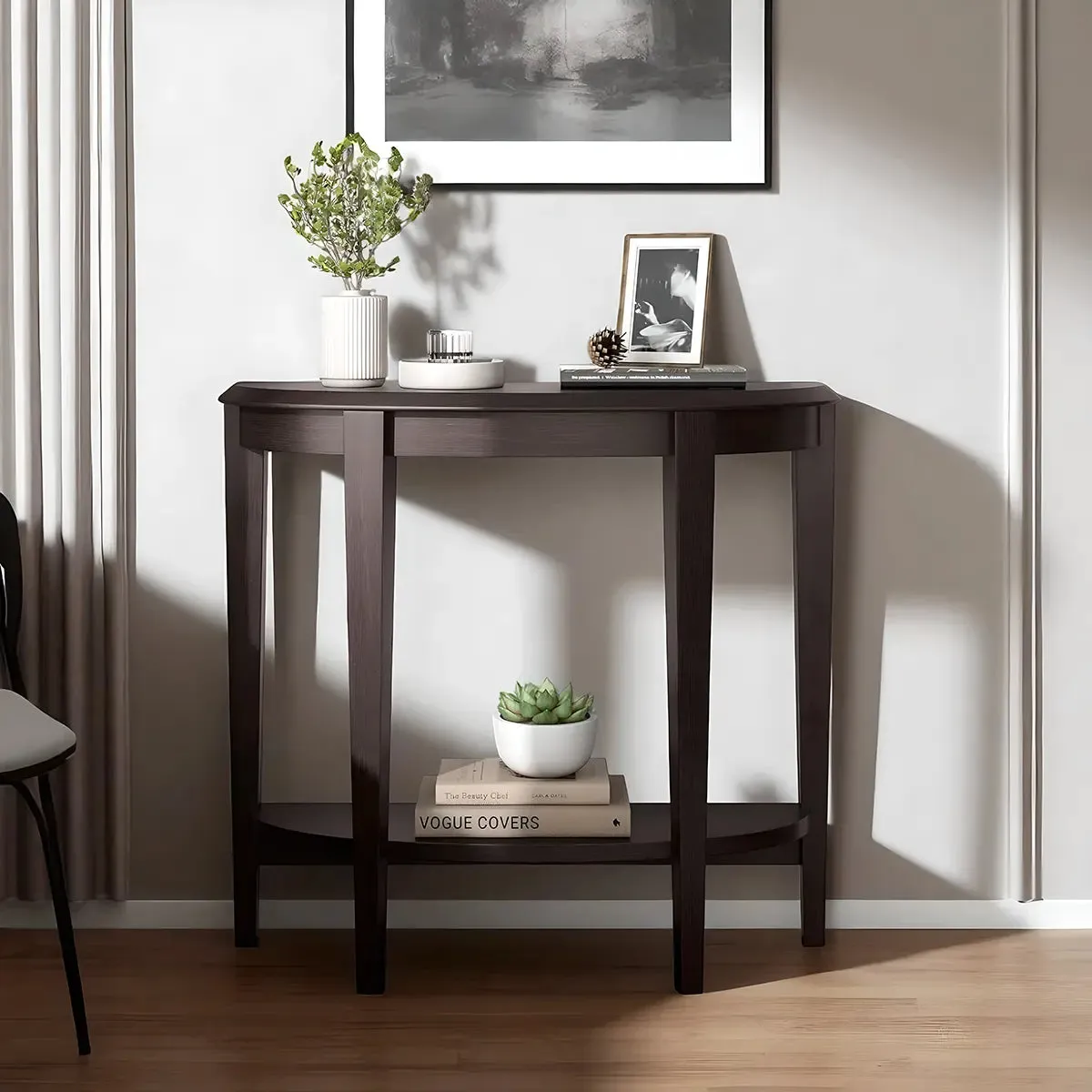 Dark Brown Wood Half Moon Console Table – Bottom Shelf