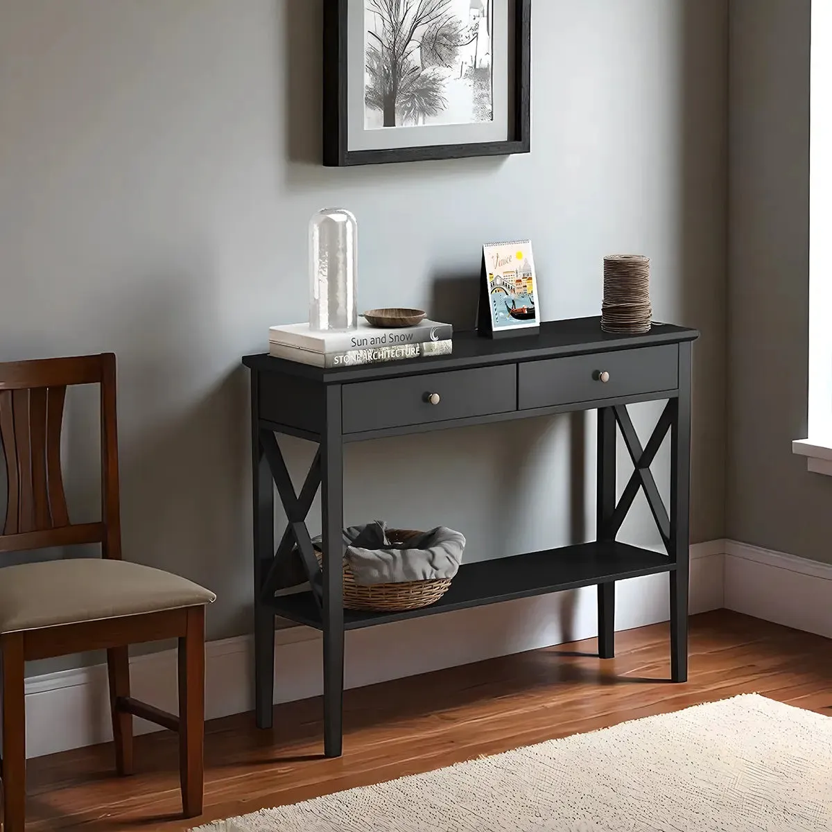 Modern Console Table with 2 Drawers + Bottom Shelf – Luxurious Black