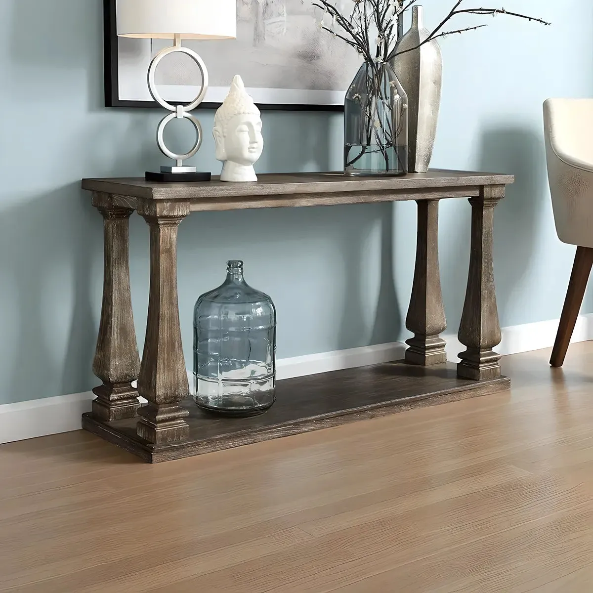 Rustic Wooden Console Table – Elegant, Sculpted Legs, Convenient Bottom Shelf