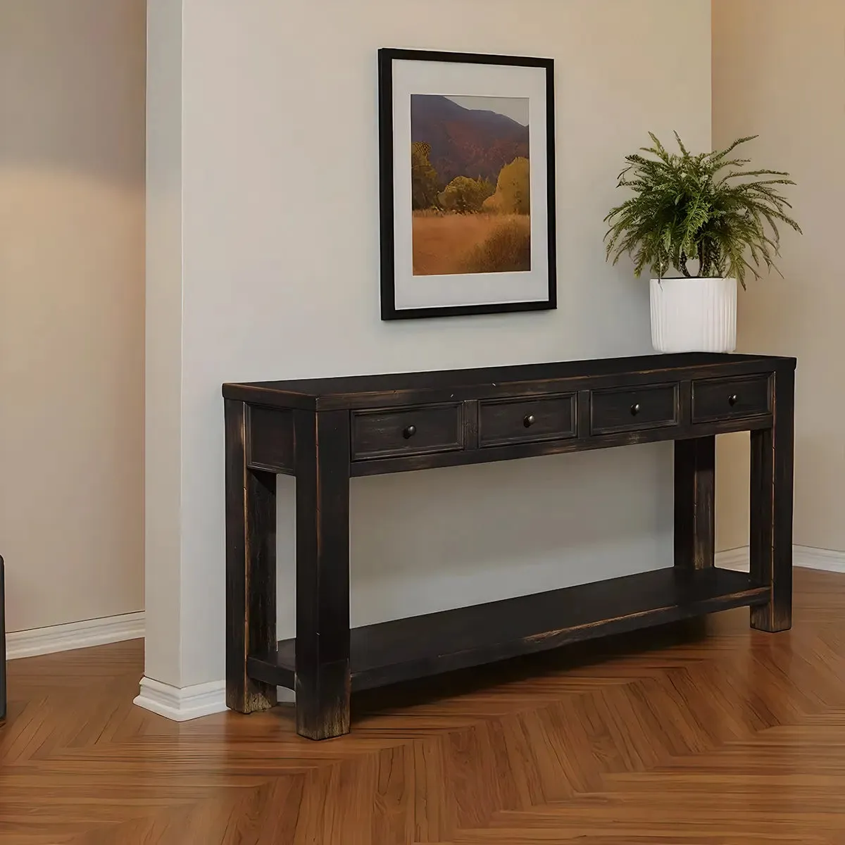 Rustic Black Wood Console Table with 4 Drawers –  Elegant and Luxurious