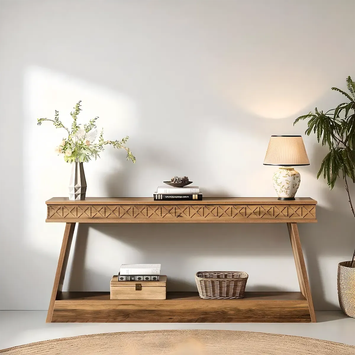 Carved Wooden Console Table – 2-Tier Display Shelf, U-Shaped Structure
