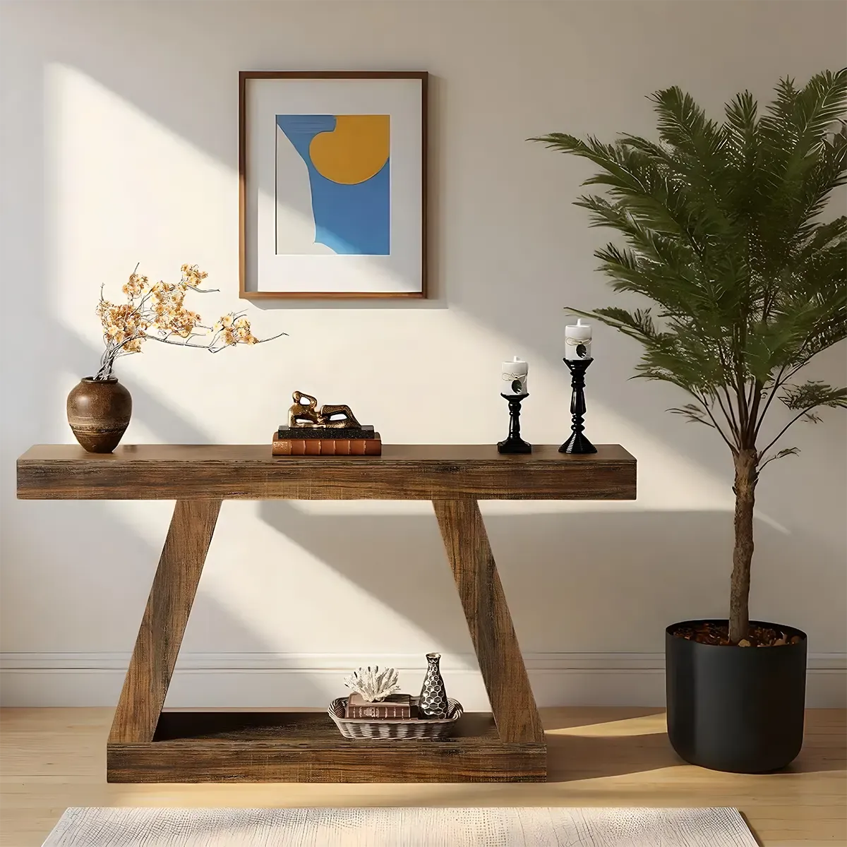 Rustic Modern V-Leg Console Table – Rustic Walnut Accented with Lower Shelves