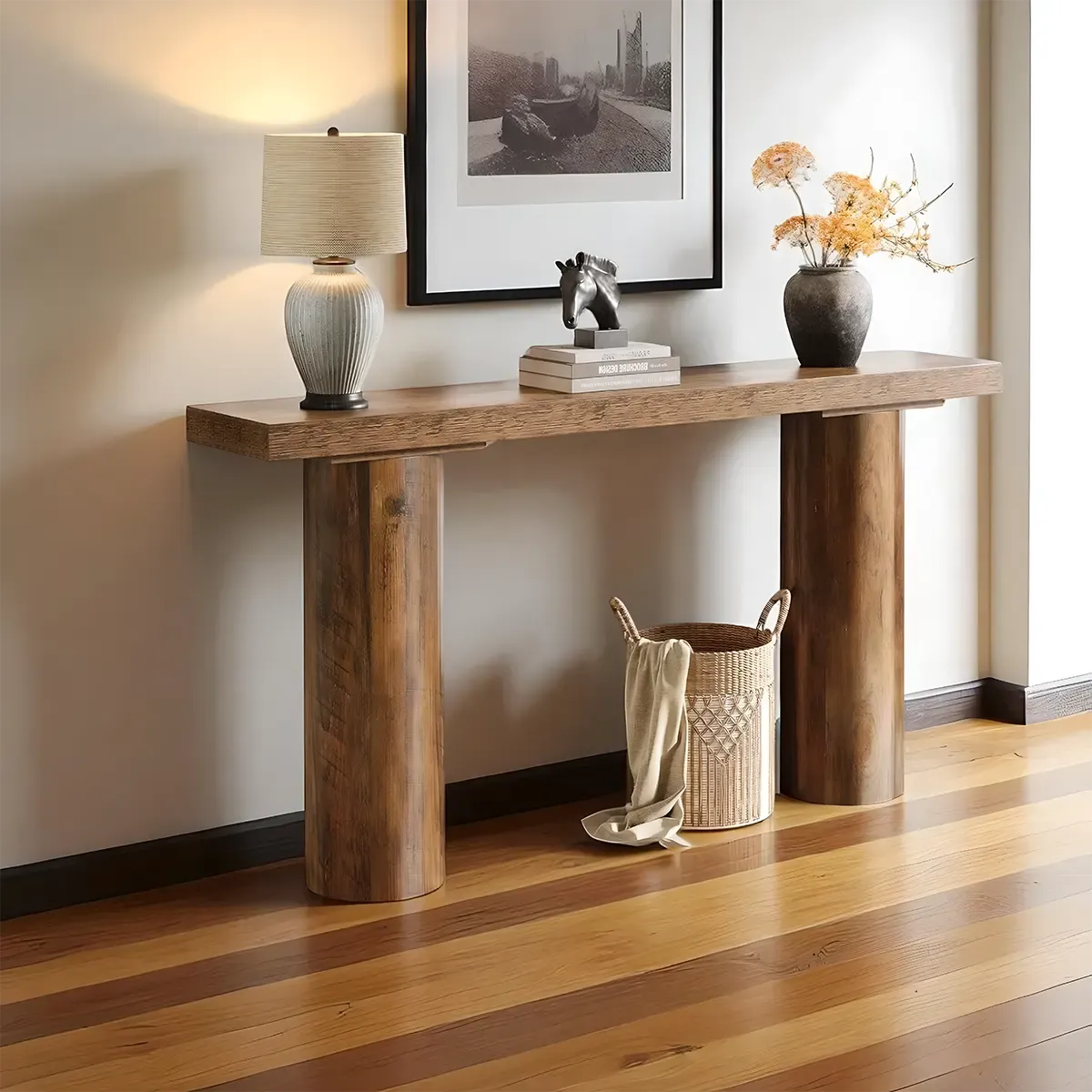 Natural Wood Console Table with Round Pillar Legs –  Modern Style