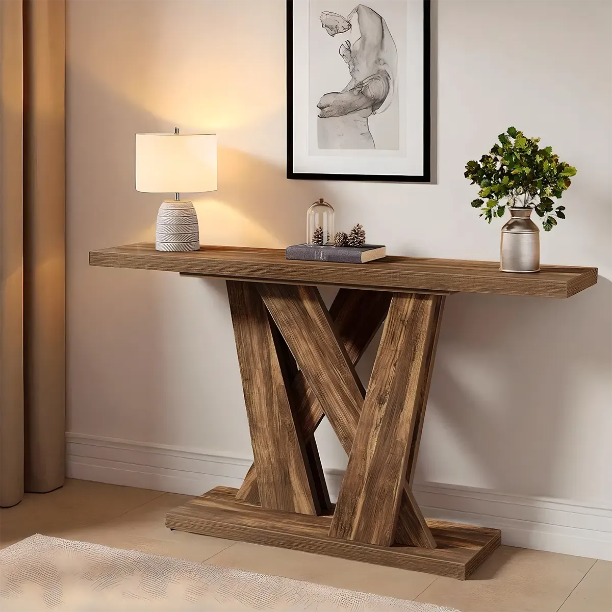 Rustic Style Cross-Legged Console Table – Brown Wood Refined