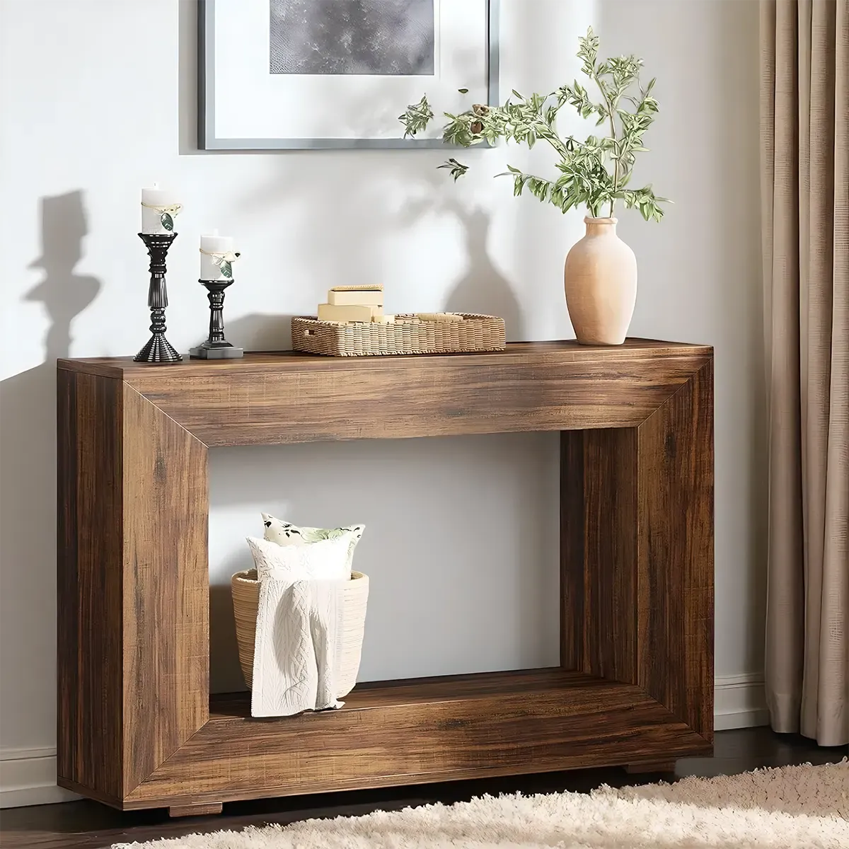 Rustic Wood Console Table – Open Rectangular Frame, Bottom Shelf