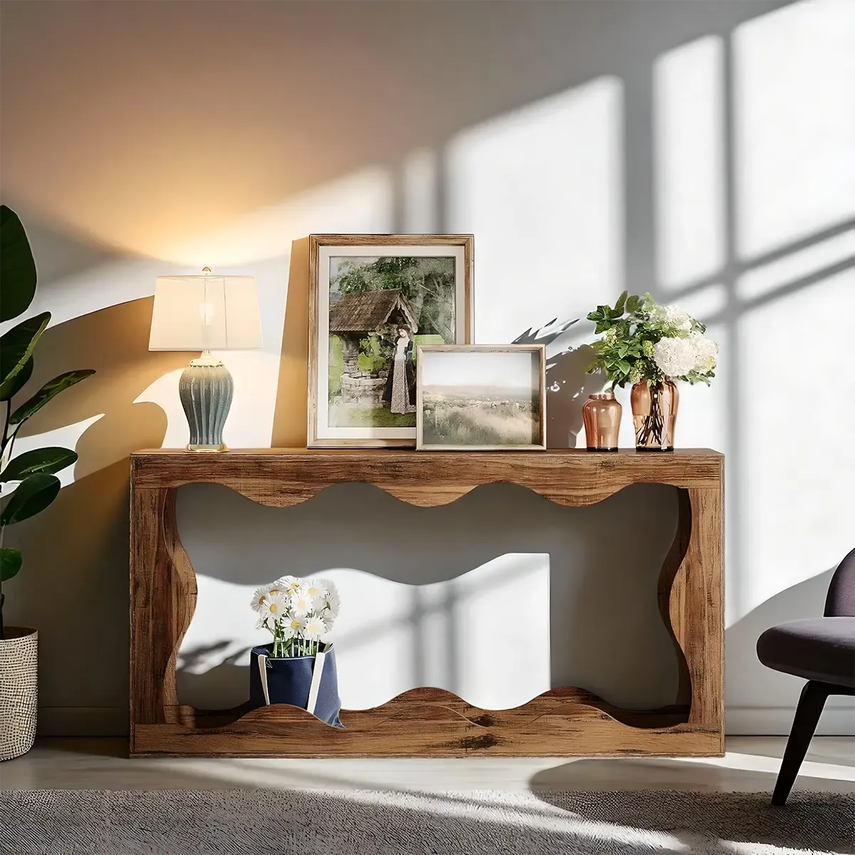Wave Grain Wood Console Table – Farmhouse Design Glossy Paint