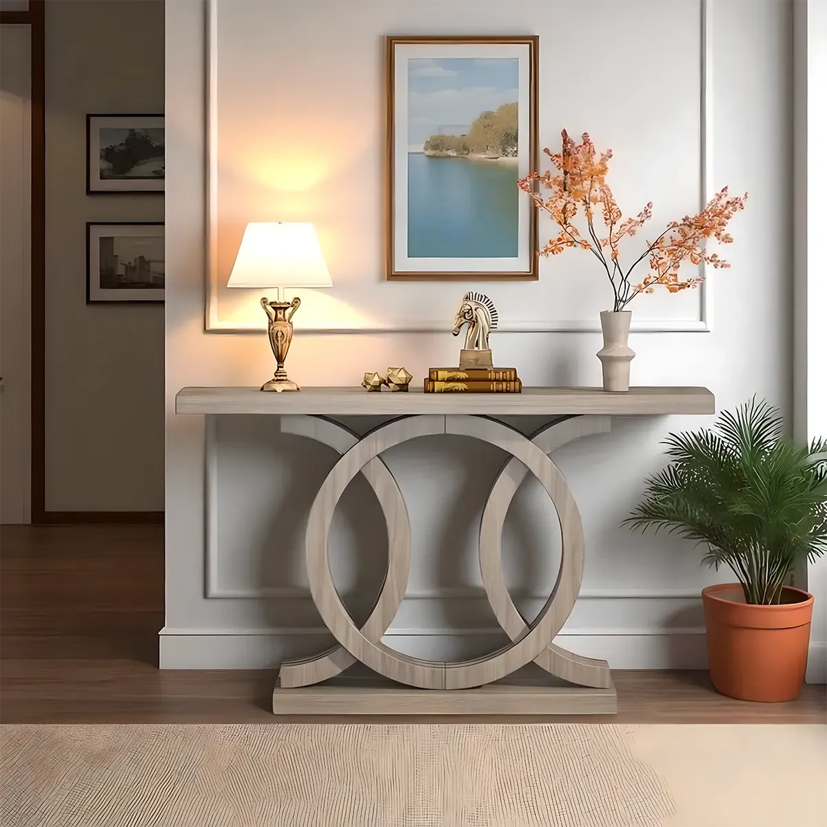 Modern Double-Circle Base Console Table – Light Wood Finish