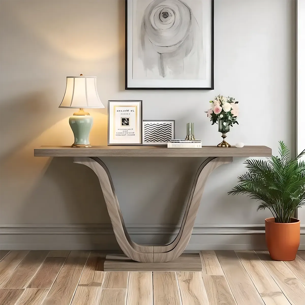 Modern Wooden Console Table with U-Shaped Curved Legs – Elegant Décor for Living Room, Hallway & Entryway