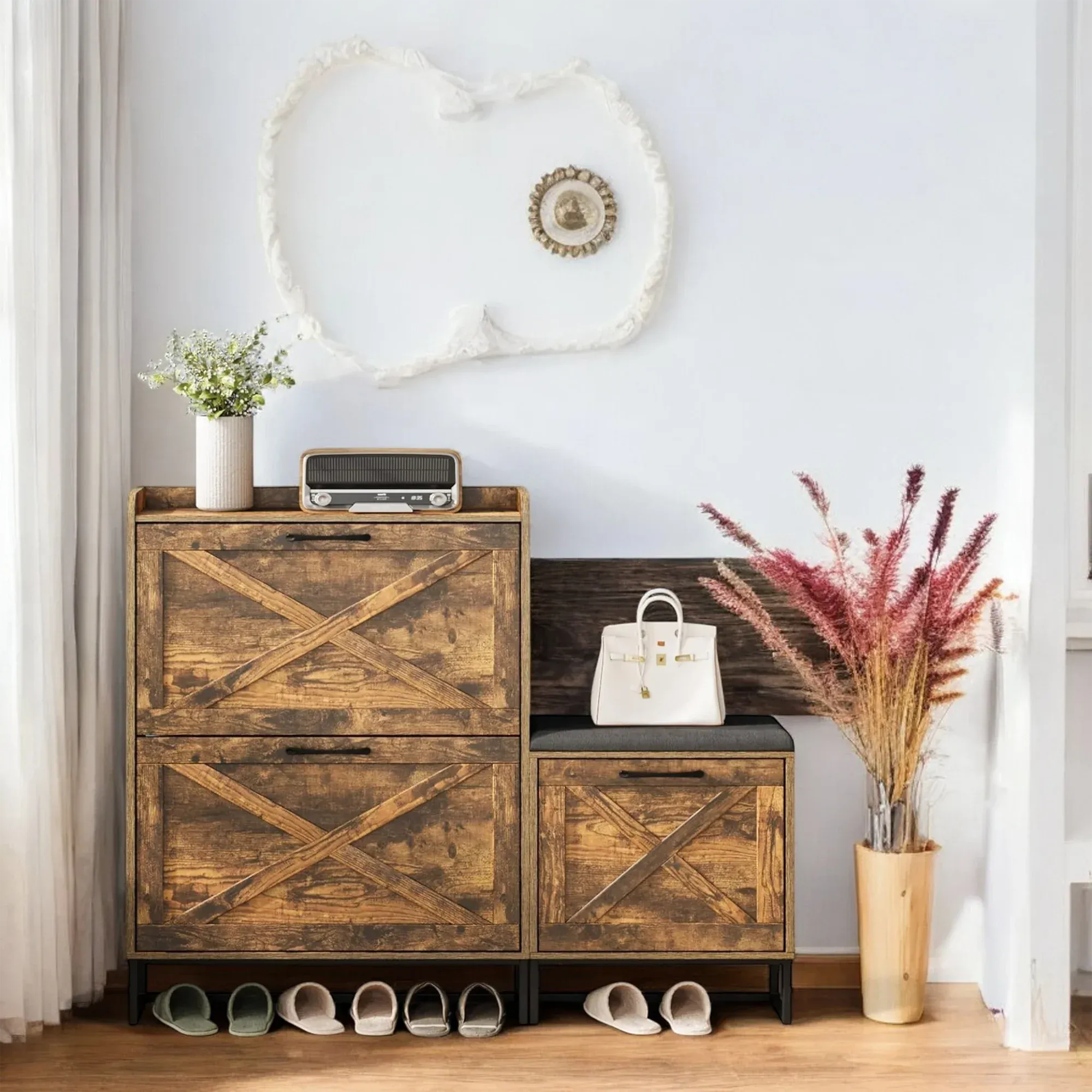 Rustic Wooden Shoe Cabinet with Cushioned Bench & Storage Drawers