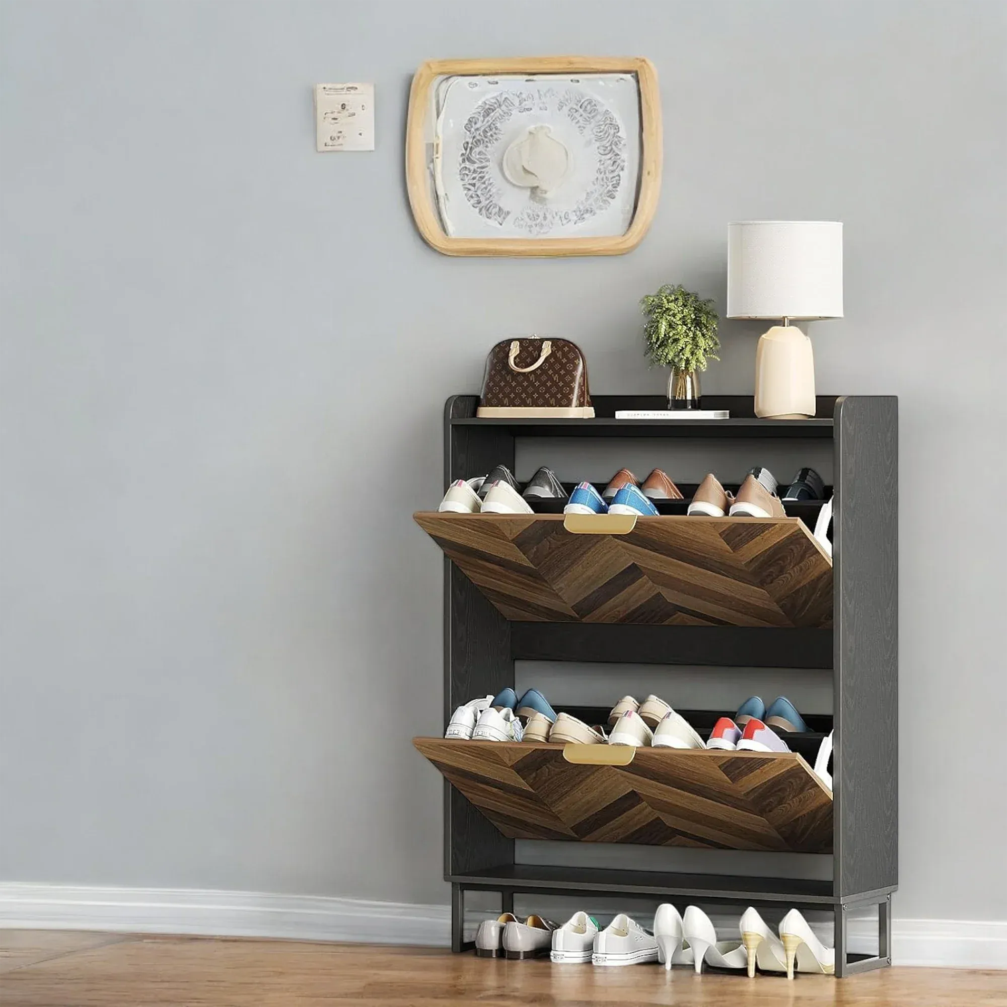 Modern Herringbone Wooden Shoe Cabinet