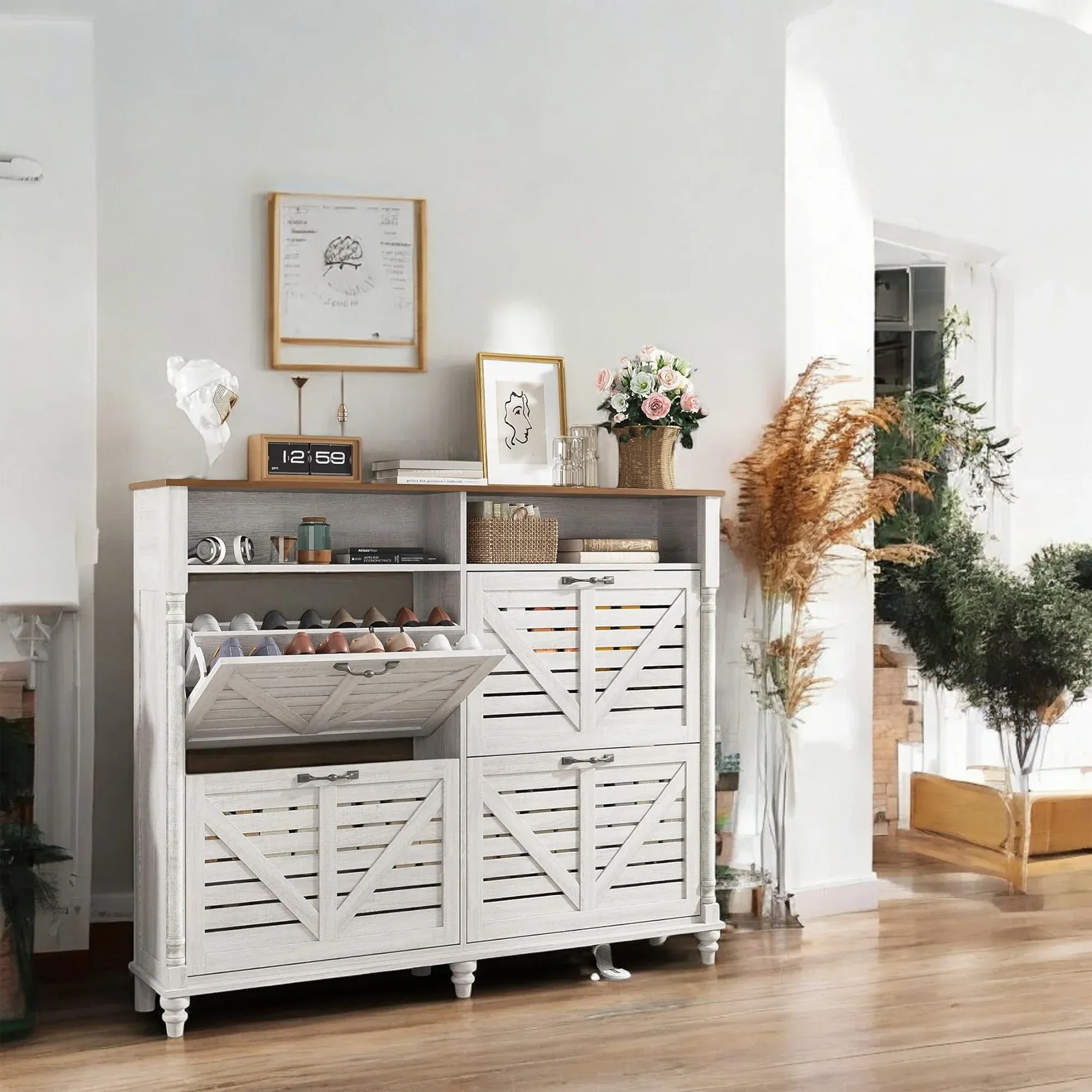 Rustic Farmhouse Shoe Cabinet with Flip Drawers
