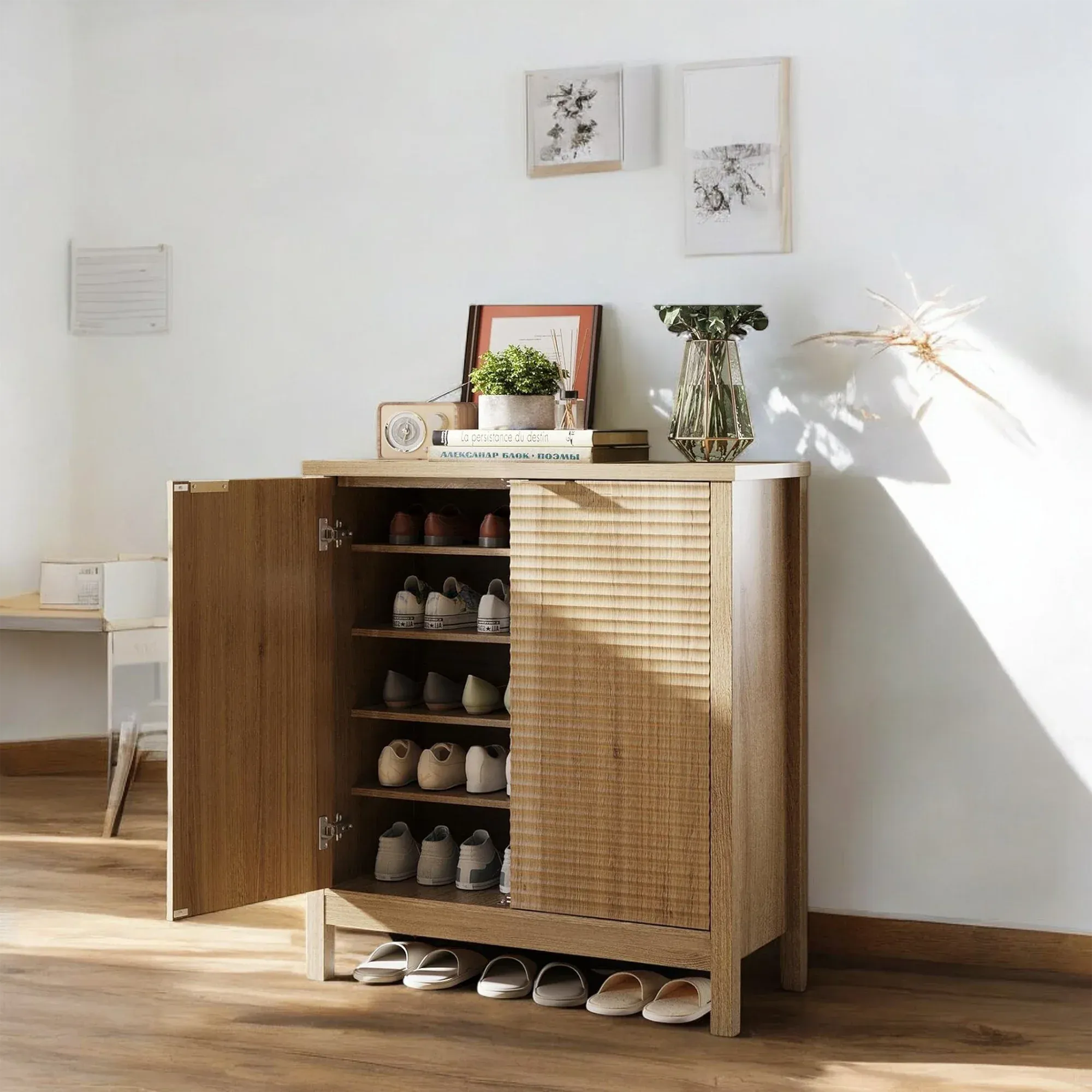 Modern Natural Wood Shoe Cabinet – 6-Tier Storage