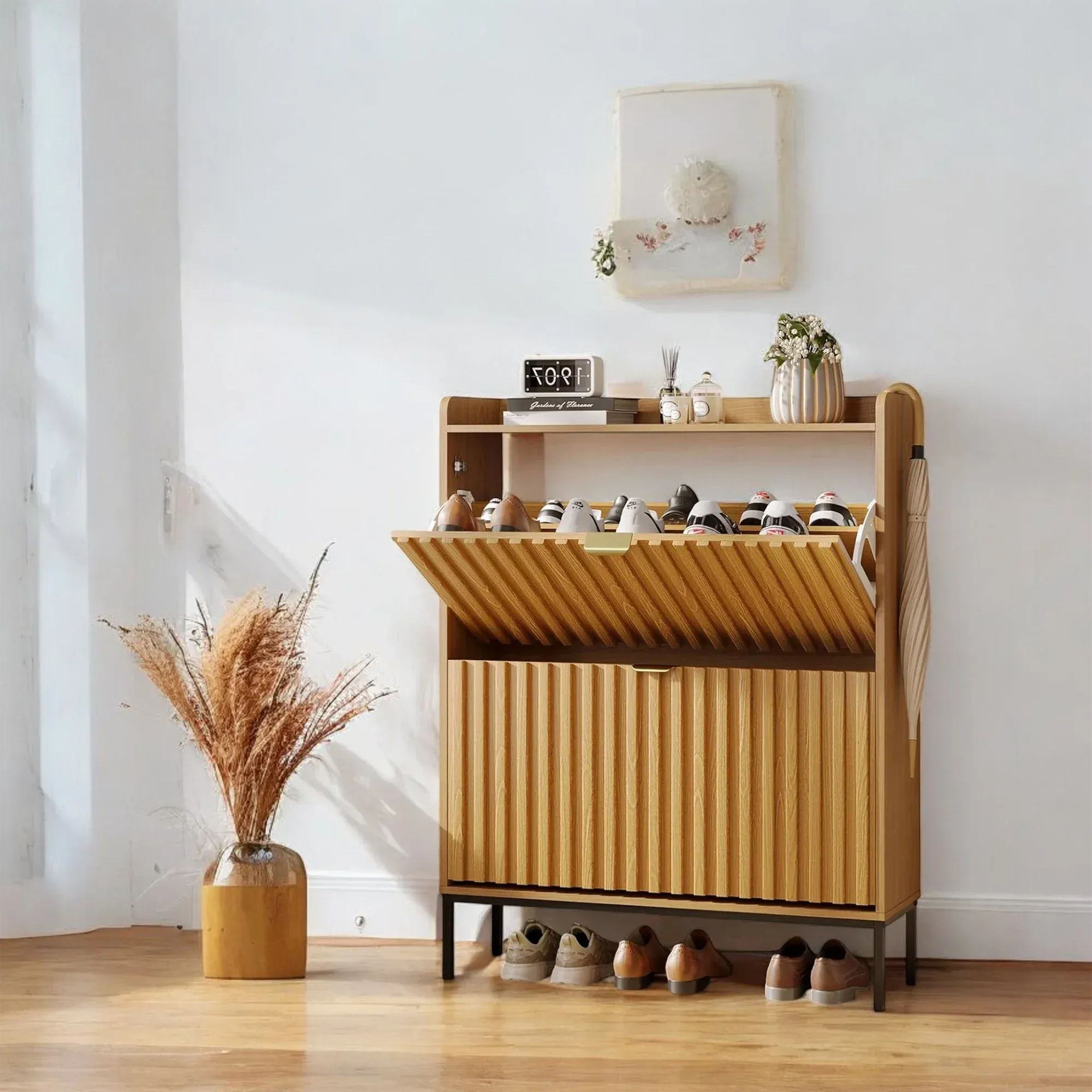Modern Wood Grain Shoe Cabinet with Flip Drawers