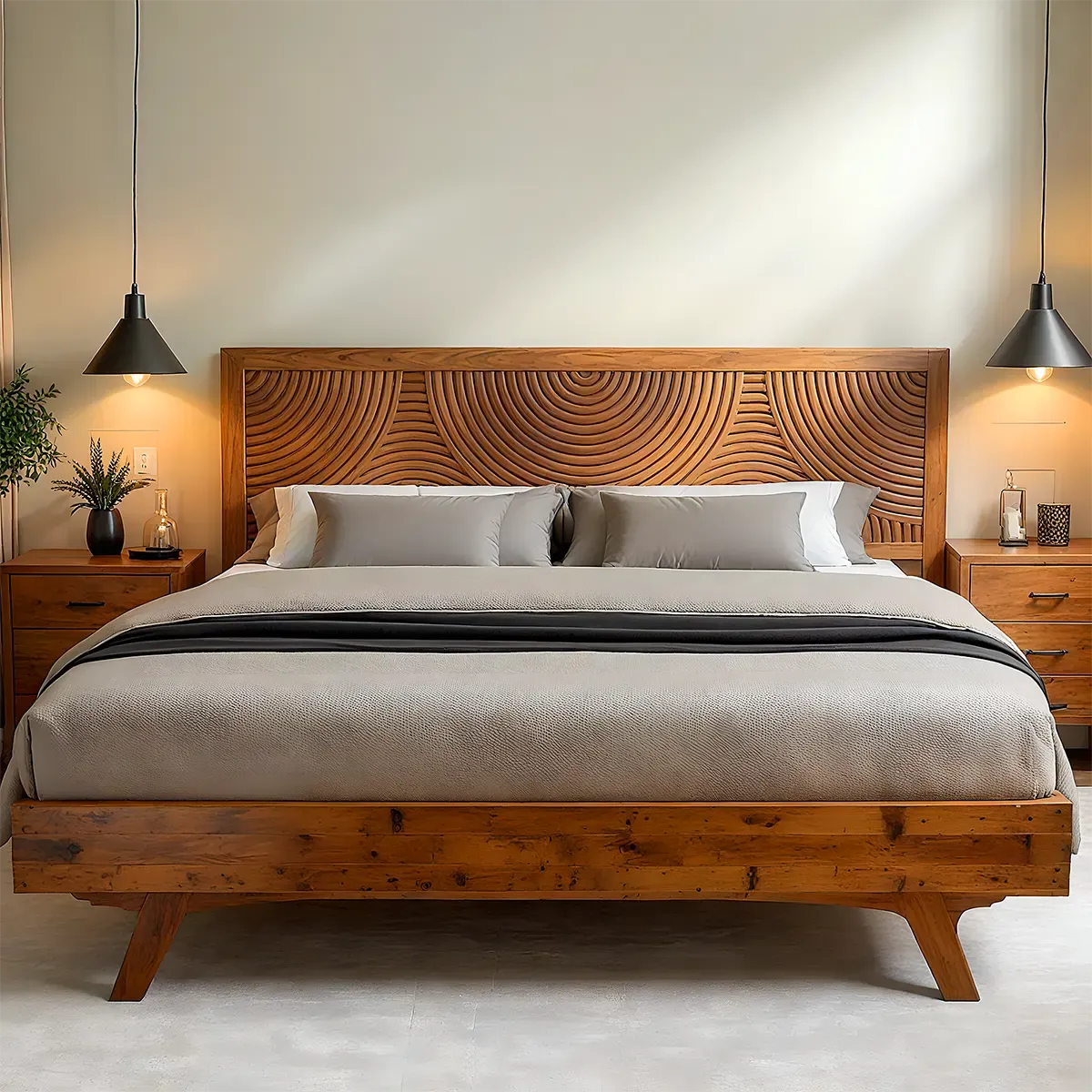 Carved Wooden Bed with Round Pattern – Luxurious & Bold Design
