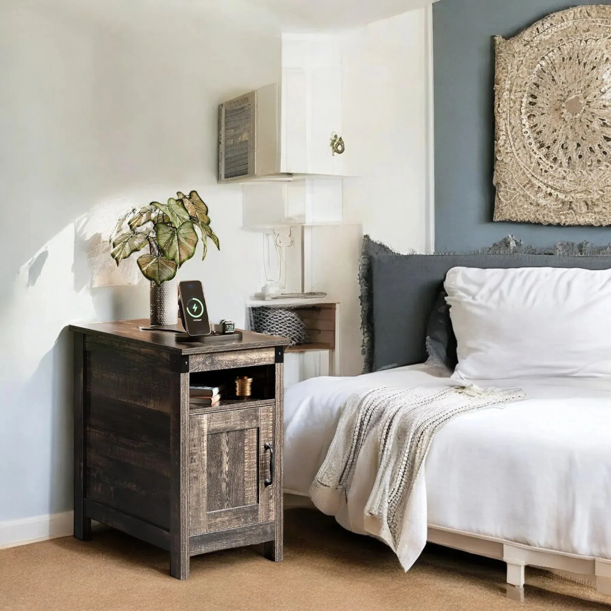 Rustic Nightstand with Cabinet Door & Open Shelf for Bedroom