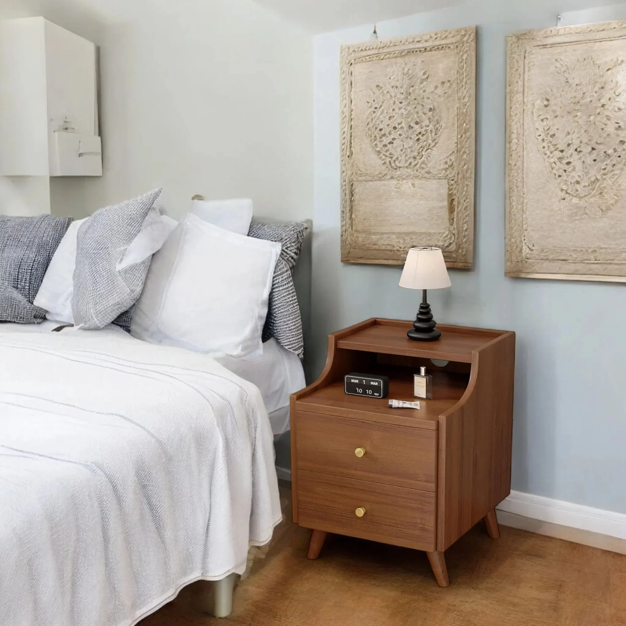 Wooden bedside table with 2 drawers