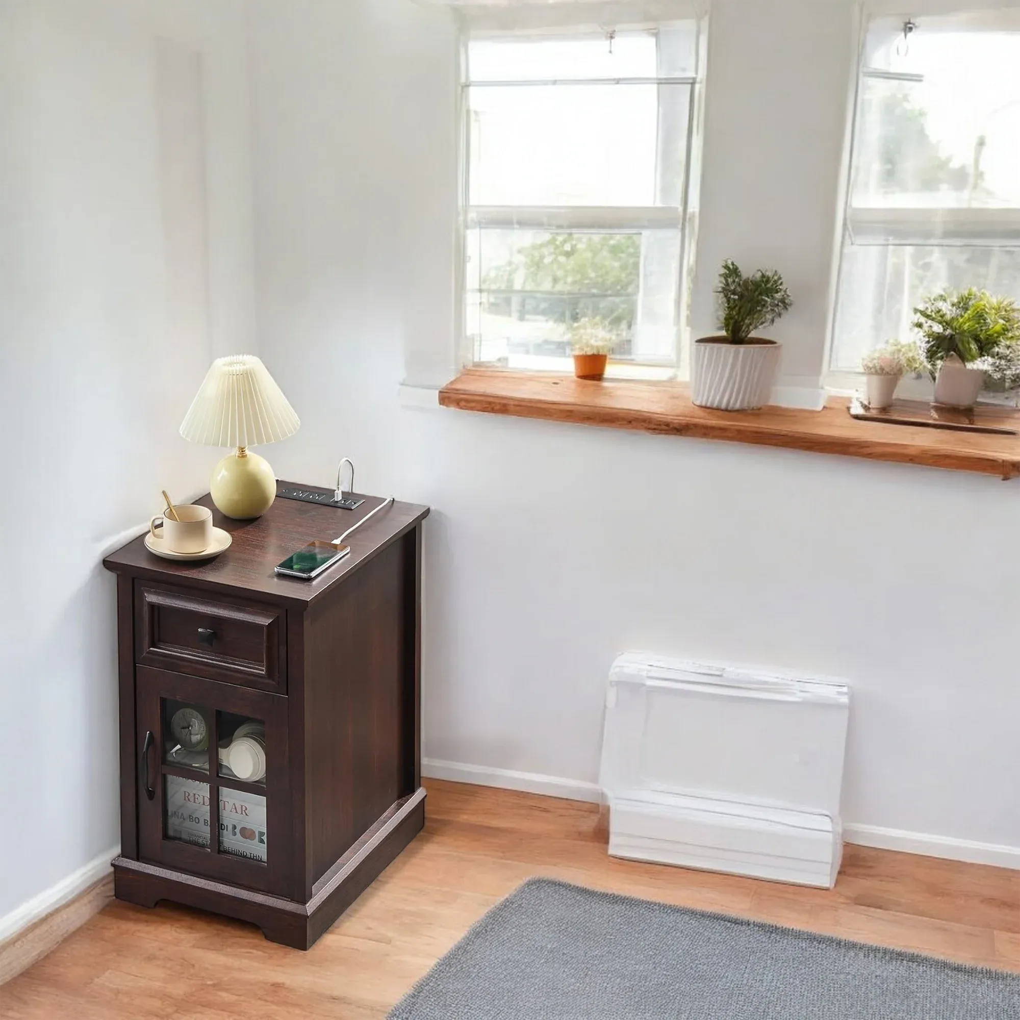 Wood End Table with Drawer, Glass Cabinet & USB Charging Ports