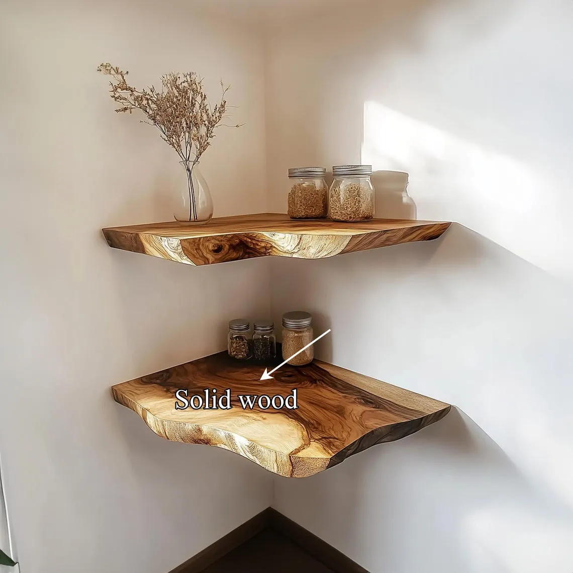Rustic Floating Shelf Solid Natural Wood Corner Shelf Farmhouse Style Kitchen and Living Room Decor - Image 3