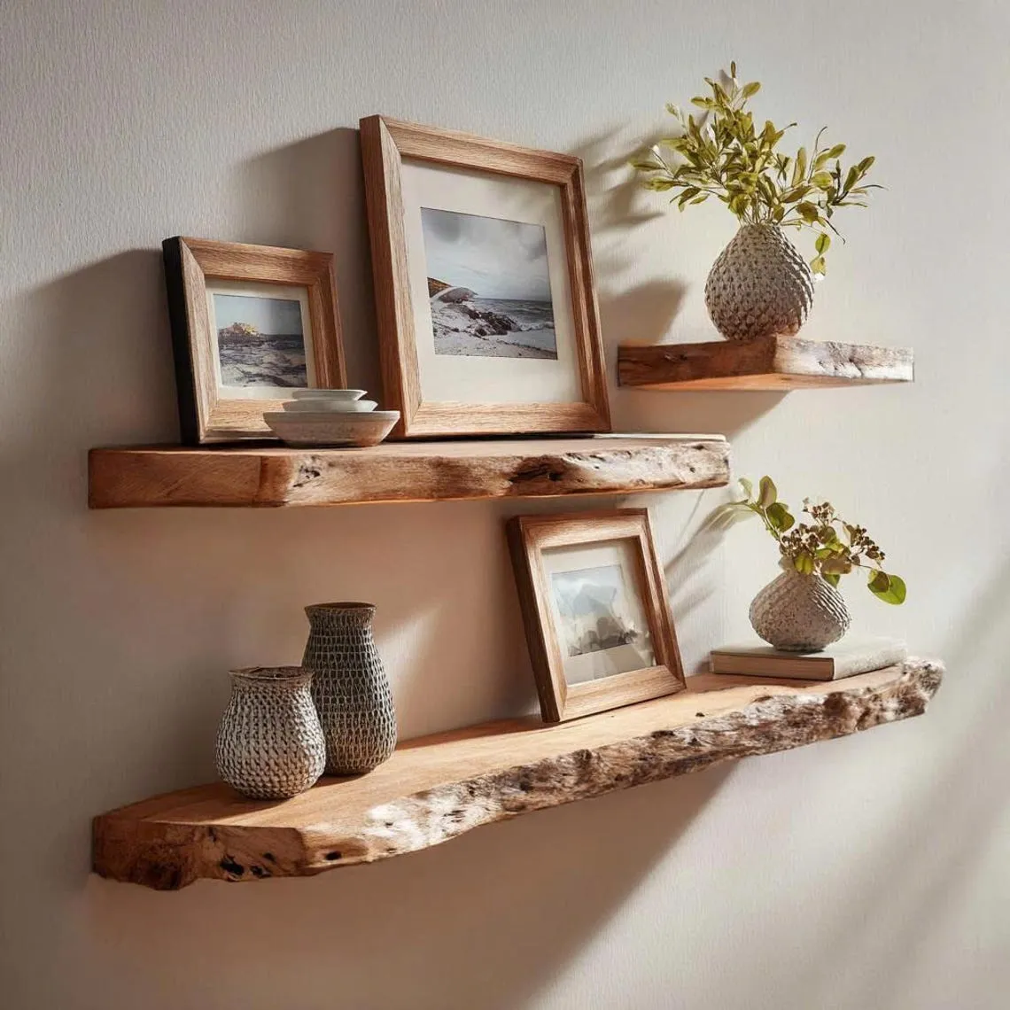 Live Edge Floating Wood Shelves Solid Oak or Walnut Wall Shelves Rustic Handmade Natural Wood Decor for Kitchen Bathroom & More