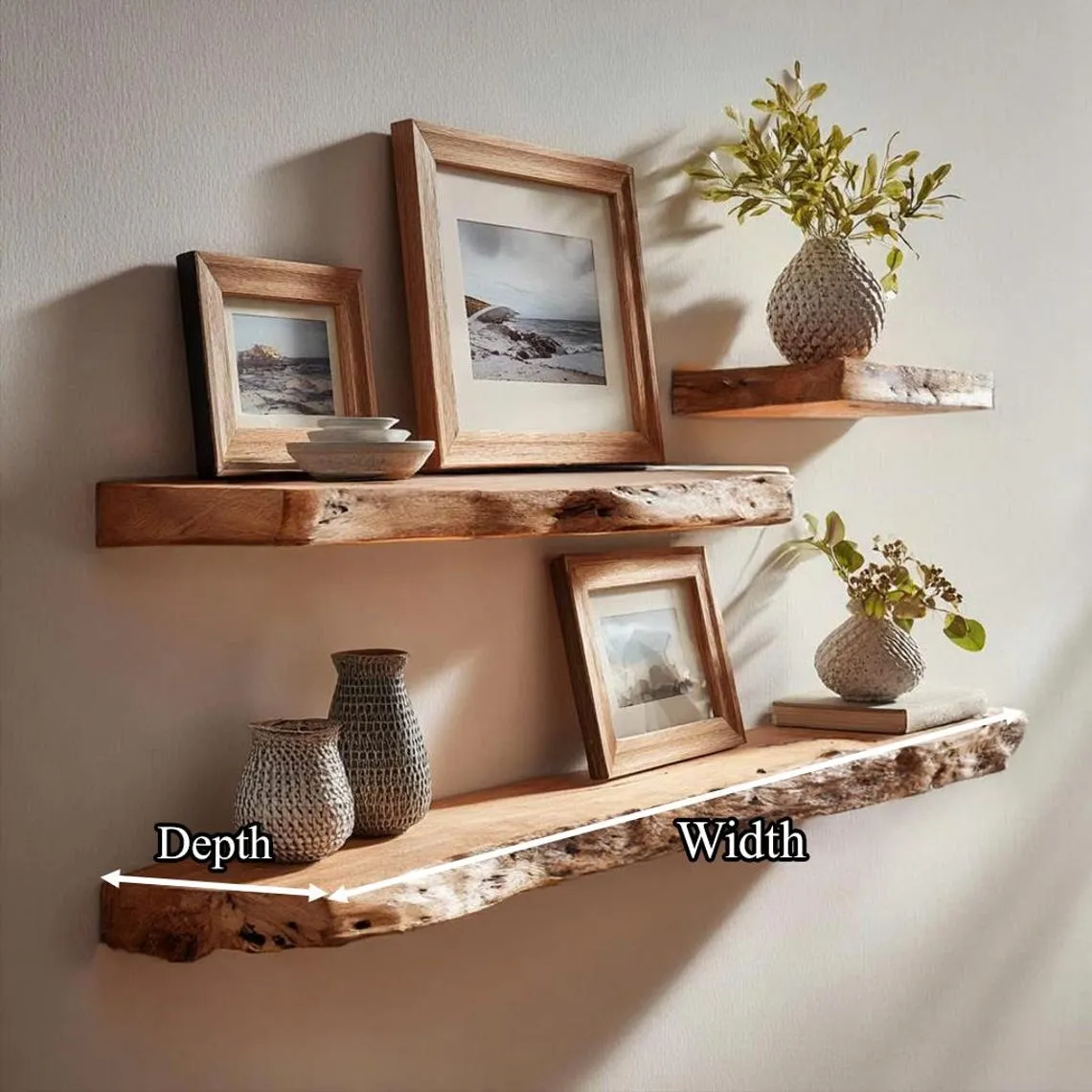 Live Edge Floating Wood Shelves Solid Oak or Walnut Wall Shelves Rustic Handmade Natural Wood Decor for Kitchen Bathroom & More - Image 6