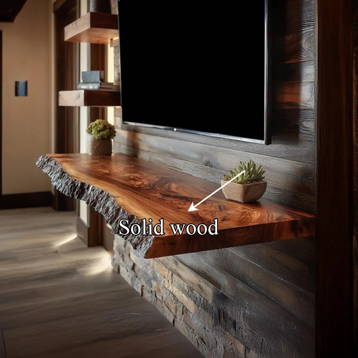 Rustic Walnut Monitor Stand Live Edge Media Console Floating Shelf Wooden Tv Stand Tv Console Decor Living Room Gift Halloween - Image 4
