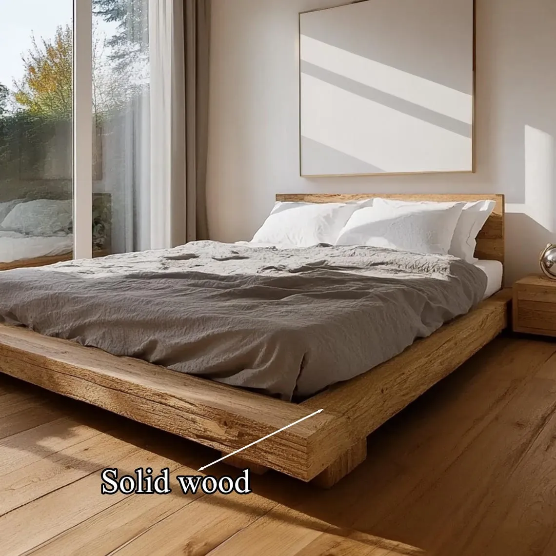 Rustic Low Profile Bed Frame Cozy Minimalist Bedroom Solid Wood Handmade Unique King Bed Frame Decor Home Gift - Image 3