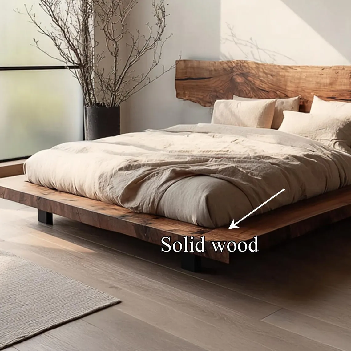 Rustic Bed Frame Headboard Wood Platform Bed Fram Solid Wood Platform Bed Walnut Bed Frame Platform Bed Decor Bed Room Decor Gift - Image 3