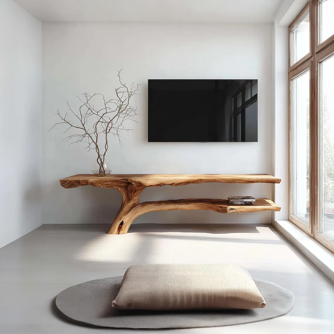 Live Edge Solid Wood Console Table Rustic TV Stand Modern Furniture with Storage Cabinet for Living Room Decor