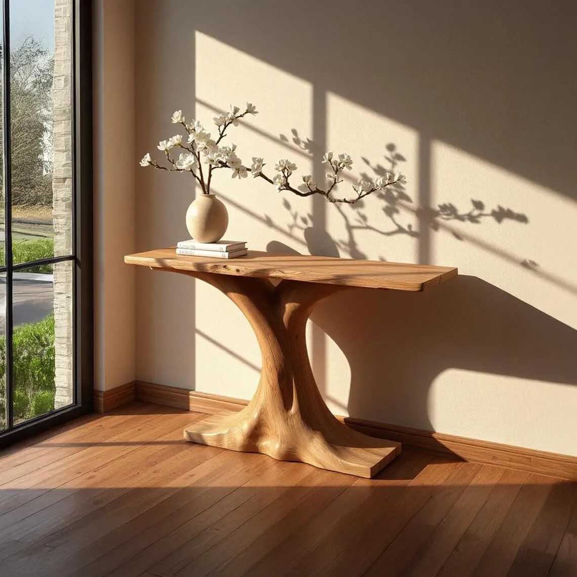 Handcrafted Solid Wood Console Table Rustic Entryway Decor Tree Shaped Design Unique Farmhouse Style Furniture Statement Piece