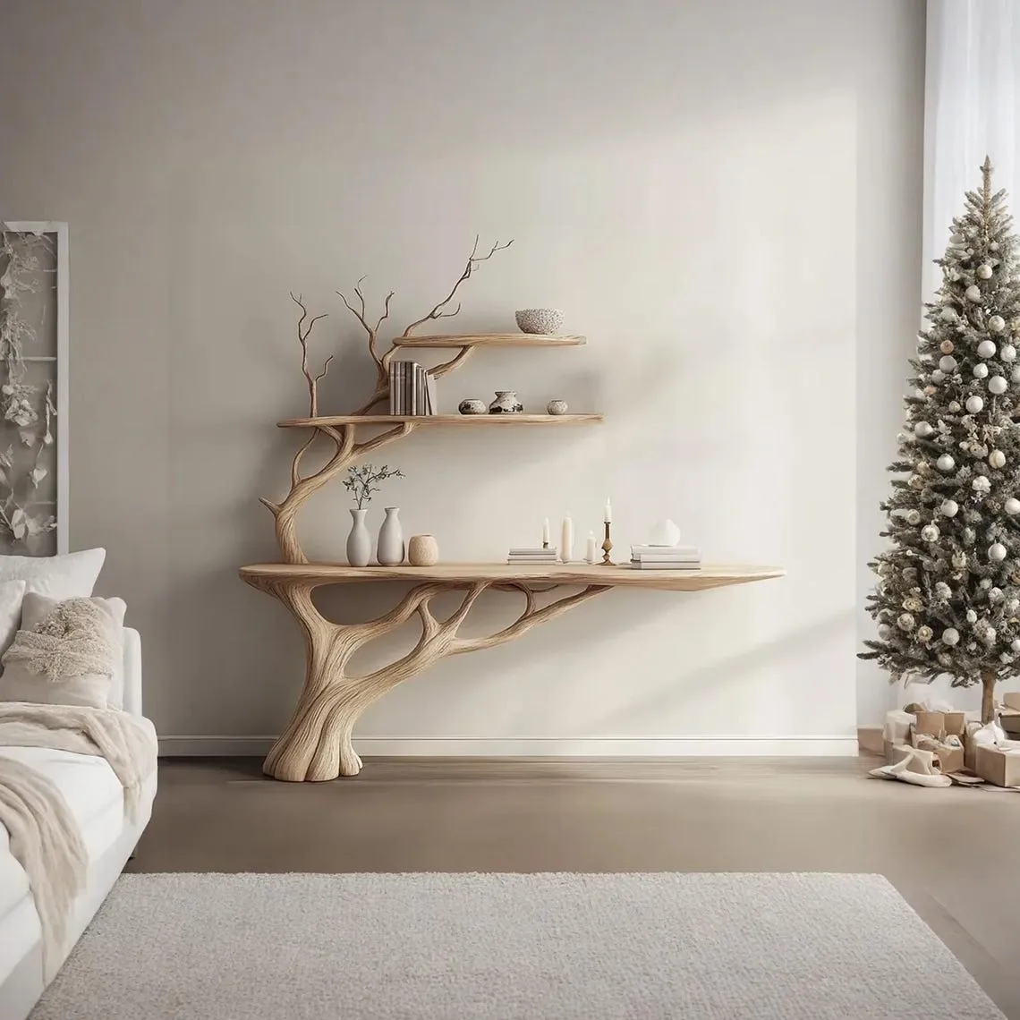 Tree branch montessori bookshelf console narrow table with tree branch bookshelf Mid century bookcase wall mount christmas decor. - Image 4