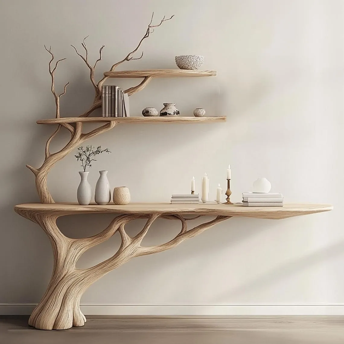 Tree branch montessori bookshelf console narrow table with tree branch bookshelf Mid century bookcase wall mount christmas decor. - Image 6