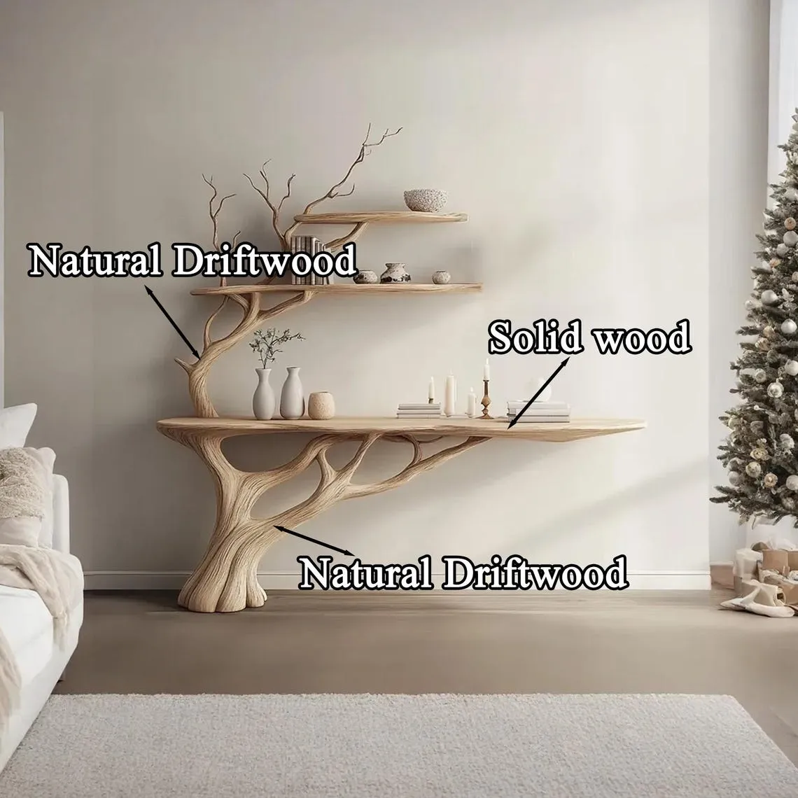 Tree branch montessori bookshelf console narrow table with tree branch bookshelf Mid century bookcase wall mount christmas decor. - Image 7