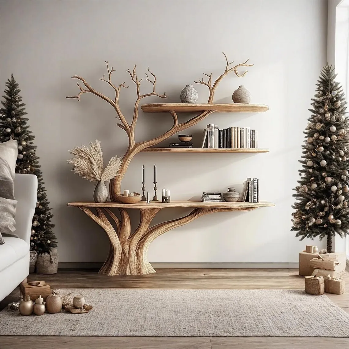 Console narrow table with tree branch bookshelf solid wood christmas tree mid century bookcase wall mount christmas decor christmas gifts