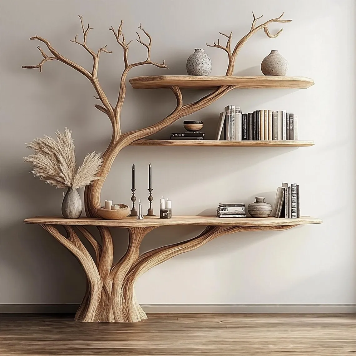 Console narrow table with tree branch bookshelf solid wood christmas tree mid century bookcase wall mount christmas decor christmas gifts - Image 2