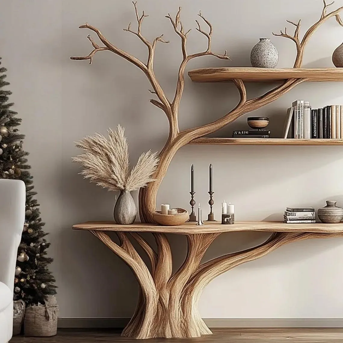 Console narrow table with tree branch bookshelf solid wood christmas tree mid century bookcase wall mount christmas decor christmas gifts - Image 3