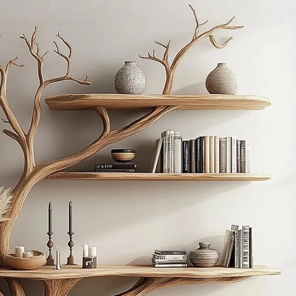 Console narrow table with tree branch bookshelf solid wood christmas tree mid century bookcase wall mount christmas decor christmas gifts - Image 4