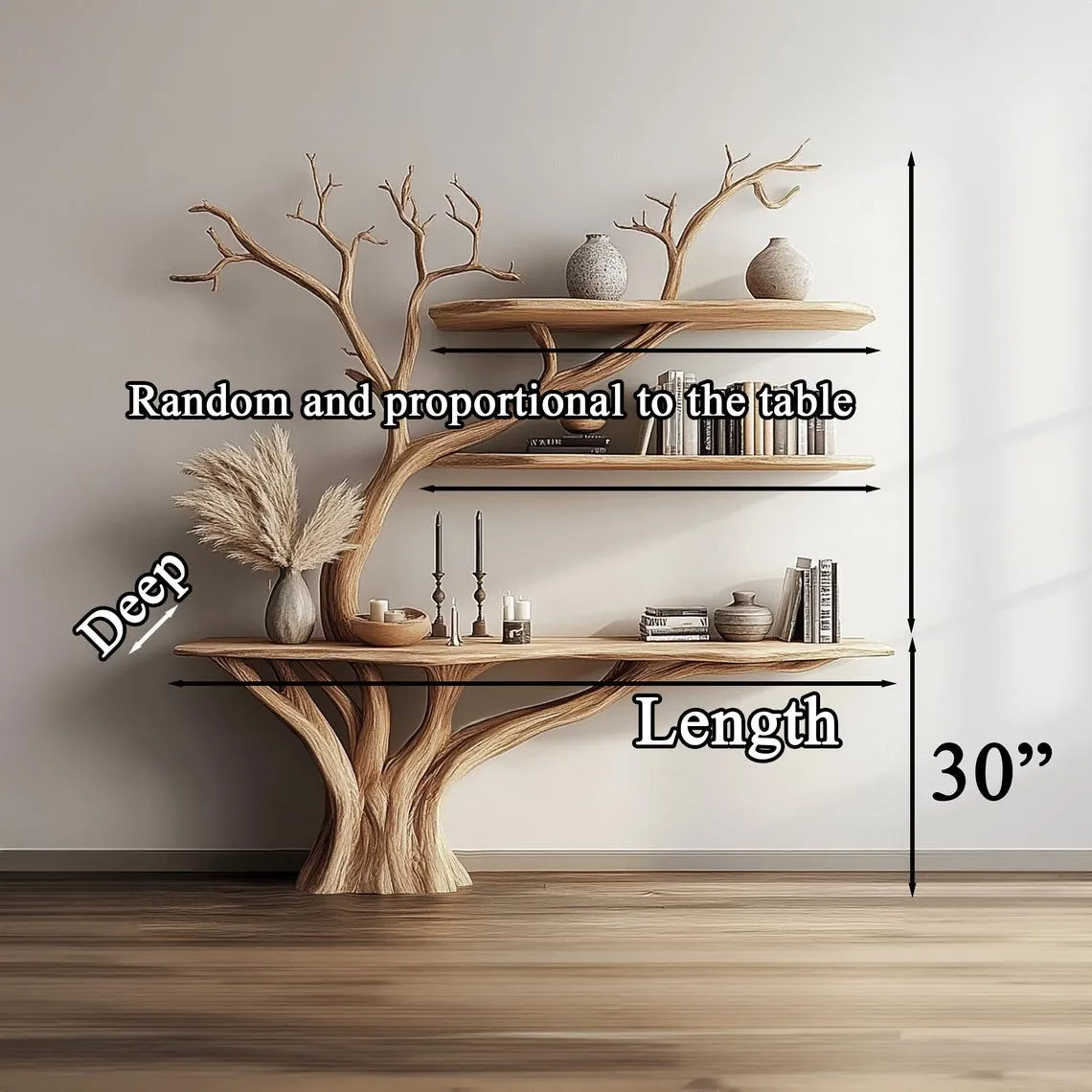 Console narrow table with tree branch bookshelf solid wood christmas tree mid century bookcase wall mount christmas decor christmas gifts - Image 5