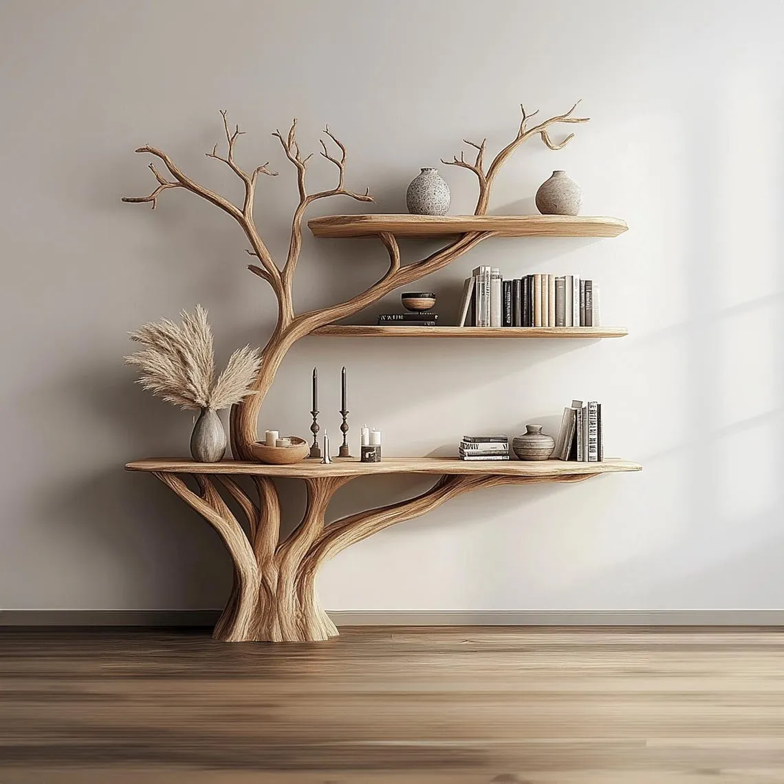 Console narrow table with tree branch bookshelf solid wood christmas tree mid century bookcase wall mount christmas decor christmas gifts - Image 6