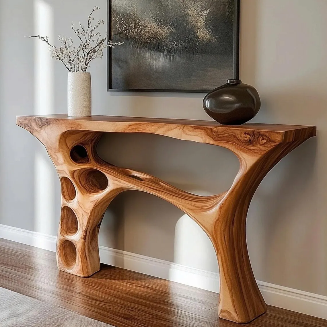 Handmade Organic Sculptural Console Table in Solid Natural Wood, Modern Rustic Entryway Furniture for Hallway, Entry or Living Room